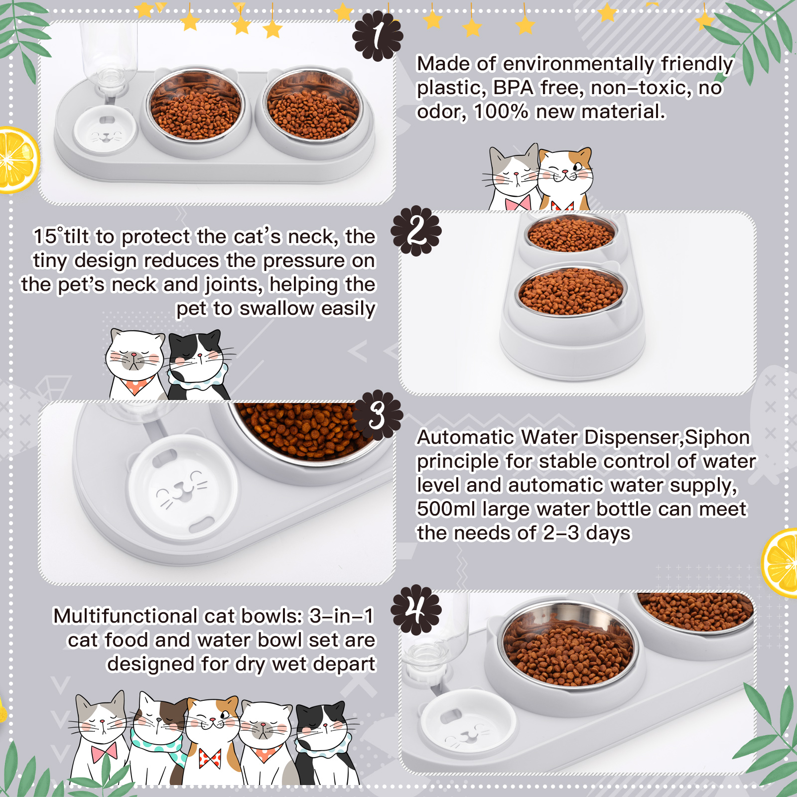 Abaima Stainless Steel Cat Food Bowl and Water Bowl Set, 3 in 1 Tilted Raised Cat Food Bowls for Indoor Cats, Whisker Friendly Cute Cat Bowl Double Feeder and Automatic Waterer