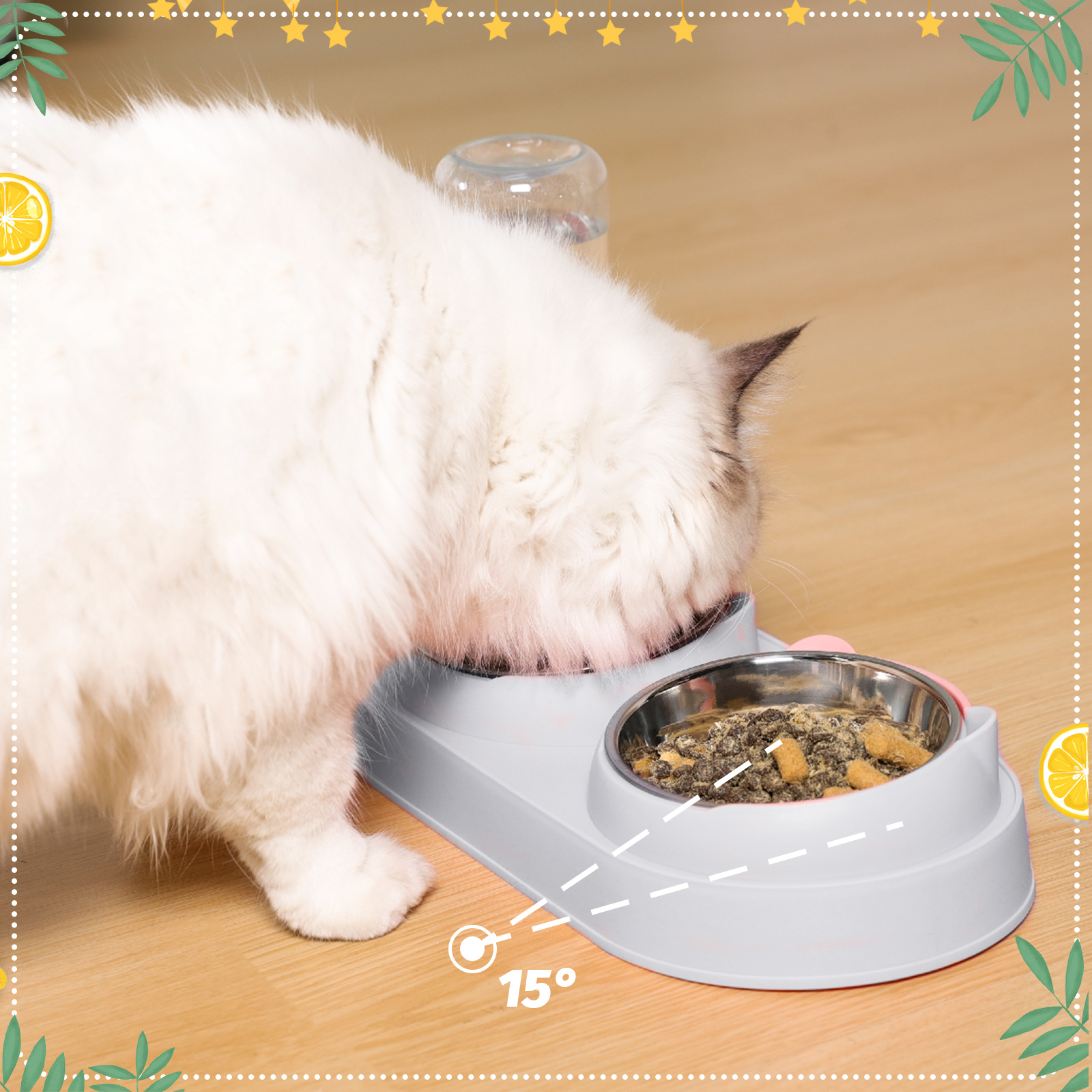 Abaima Stainless Steel Cat Food Bowl and Water Bowl Set, 3 in 1 Tilted Raised Cat Food Bowls for Indoor Cats, Whisker Friendly Cute Cat Bowl Double Feeder and Automatic Waterer