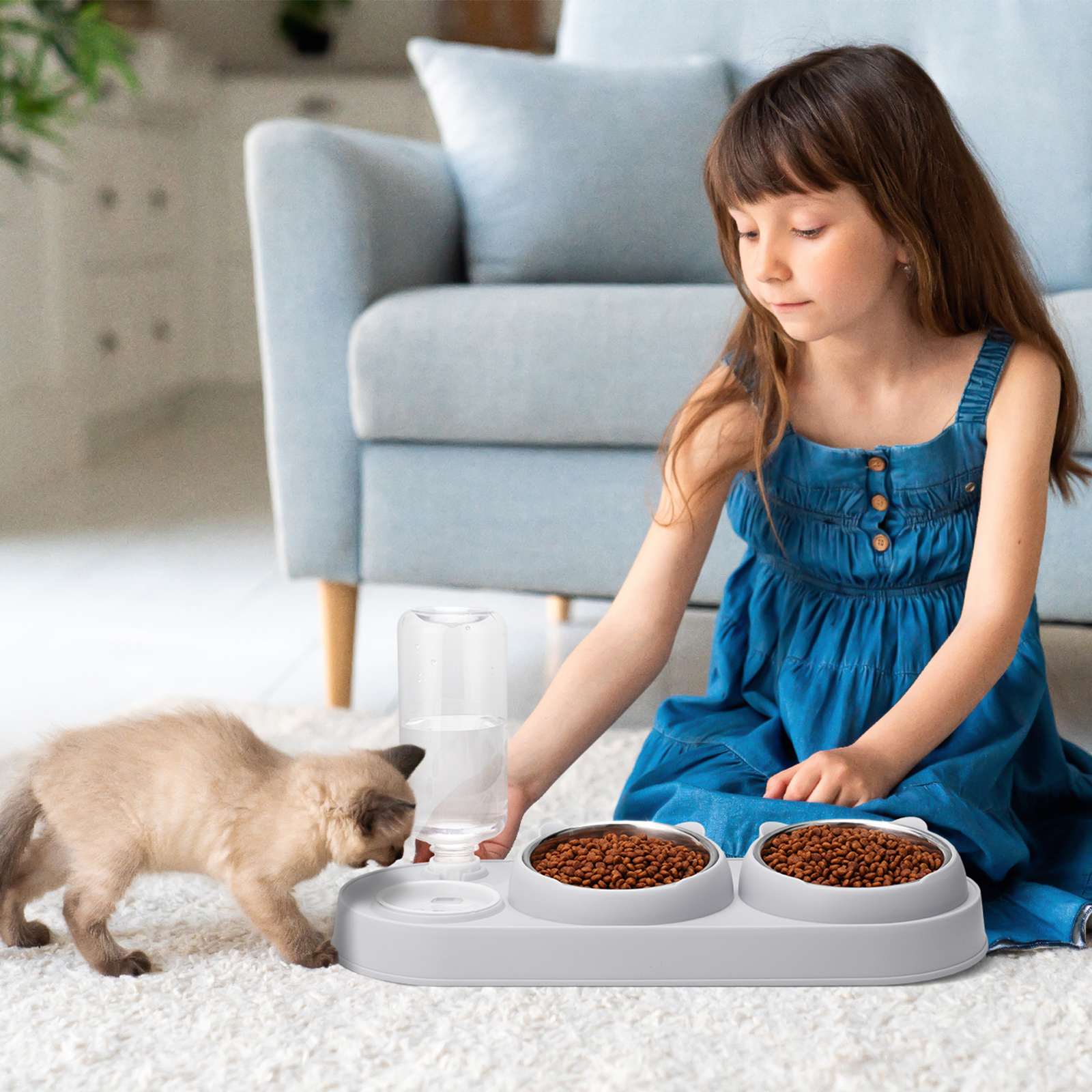 Abaima Stainless Steel Cat Food Bowl and Water Bowl Set, 3 in 1 Tilted Raised Cat Food Bowls for Indoor Cats, Whisker Friendly Cute Cat Bowl Double Feeder and Automatic Waterer