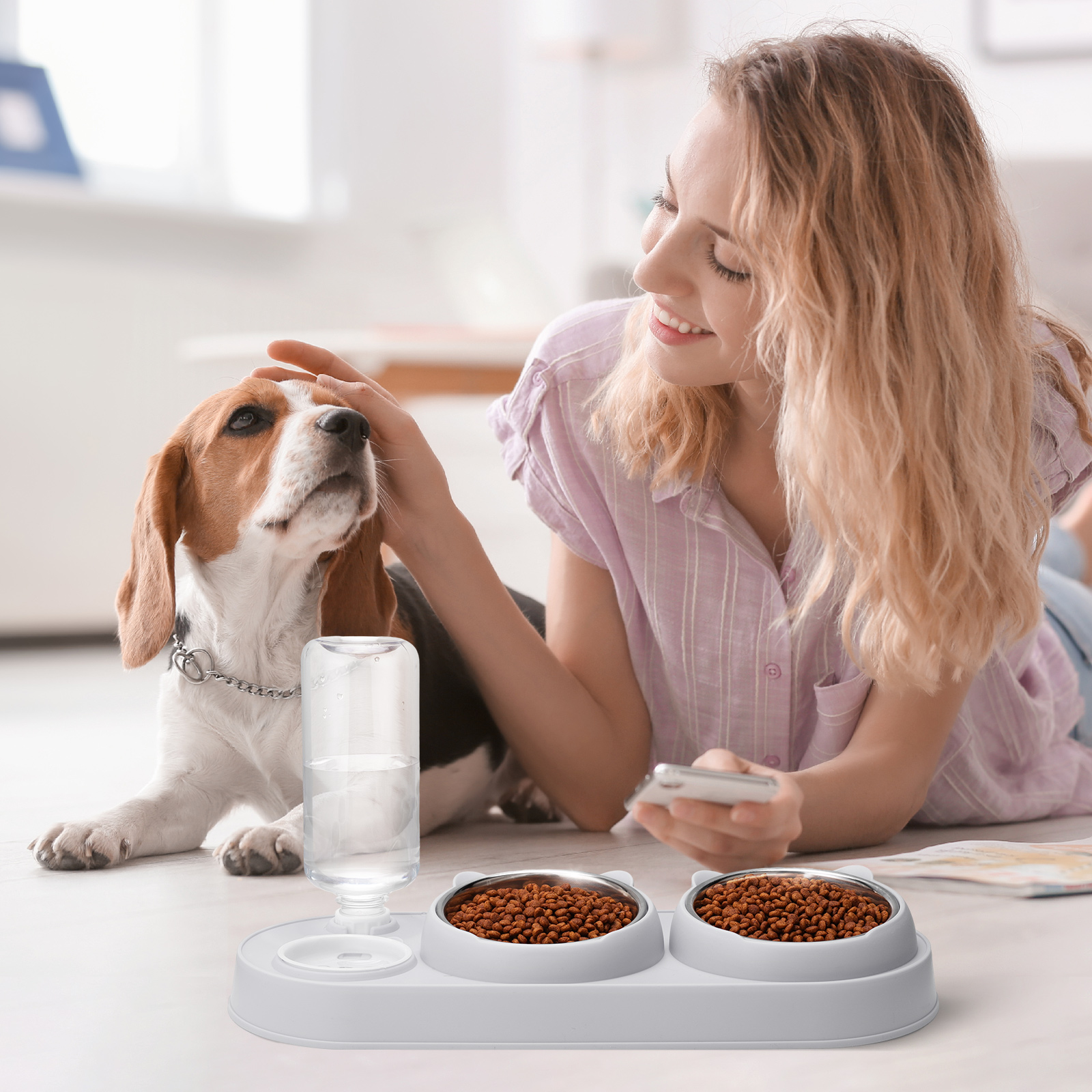 Abaima Stainless Steel Cat Food Bowl and Water Bowl Set, 3 in 1 Tilted Raised Cat Food Bowls for Indoor Cats, Whisker Friendly Cute Cat Bowl Double Feeder and Automatic Waterer