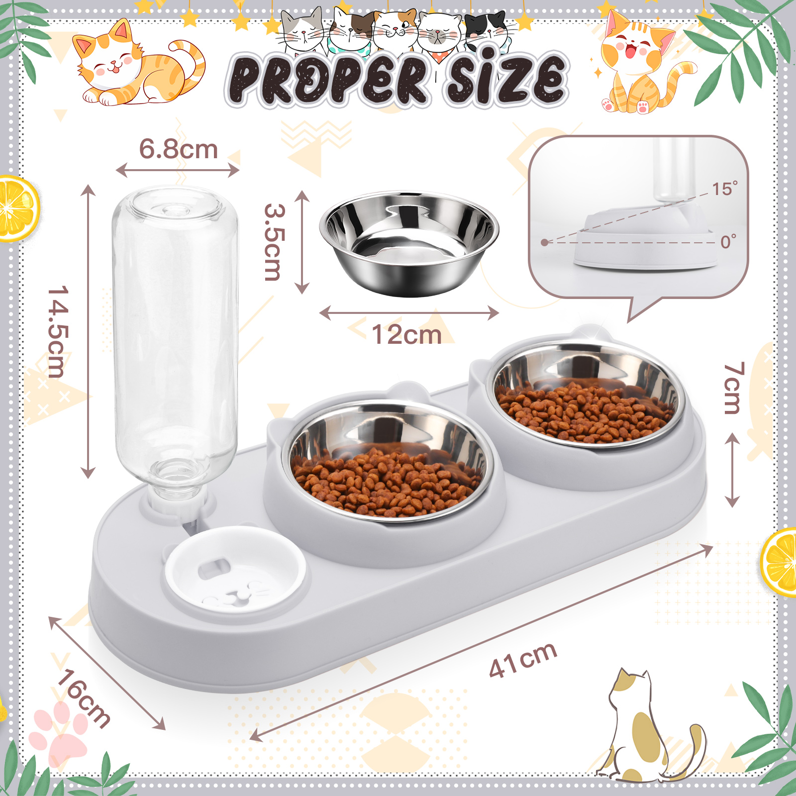 Abaima Stainless Steel Cat Food Bowl and Water Bowl Set, 3 in 1 Tilted Raised Cat Food Bowls for Indoor Cats, Whisker Friendly Cute Cat Bowl Double Feeder and Automatic Waterer
