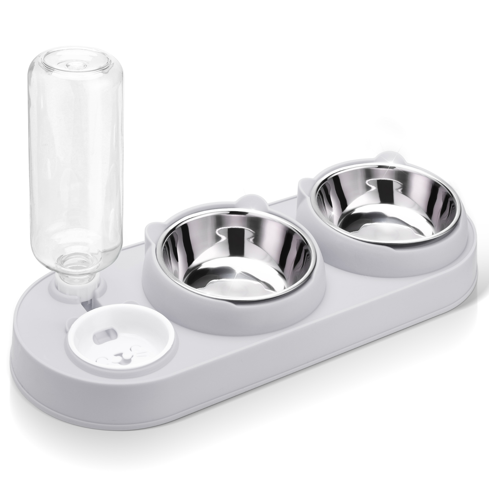 Abaima Stainless Steel Cat Food Bowl and Water Bowl Set, 3 in 1 Tilted Raised Cat Food Bowls for Indoor Cats, Whisker Friendly Cute Cat Bowl Double Feeder and Automatic Waterer