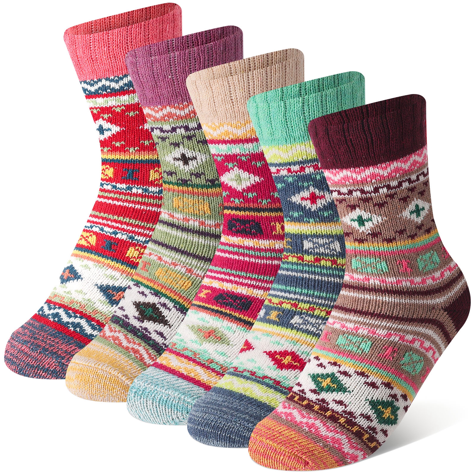 Armscye 5 Pairs Womens Thick Knit Winter Socks, Stripe Wool Winter Socks, Wool Vintage Socks for Indoor Warmth, Comfortable Breathable Cotton Socks for Women Indoor Warming Christmas Gifts