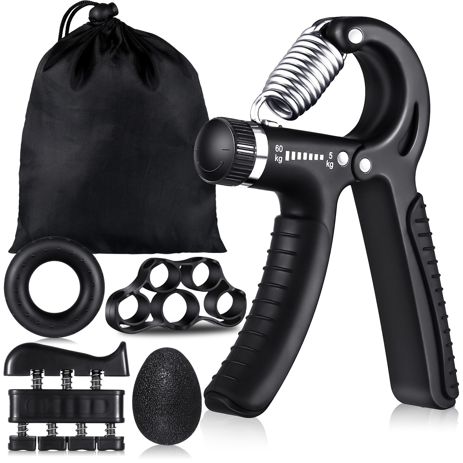 Hengguang 6Pcs Hand Grip Strengthener Kit, Hand Strength Exerciser, Adjustable Resistance 22 to 132lbs Hand Gripper,Finger Exerciser,Finger Stretcher,Grip Ring & Stress Relief Grip Ball(Black)