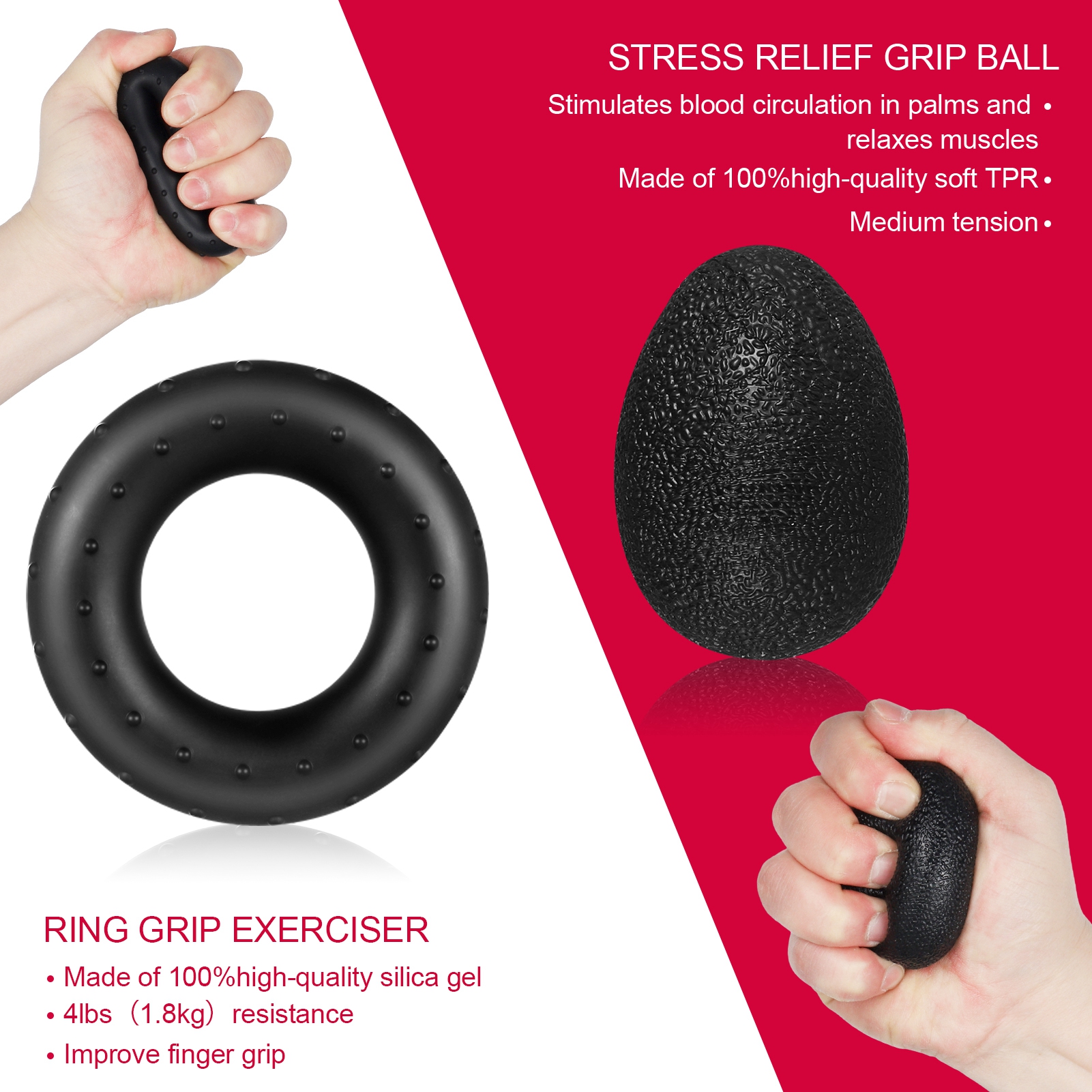 Hengguang 6Pcs Hand Grip Strengthener Kit, Hand Strength Exerciser, Adjustable Resistance 22 to 132lbs Hand Gripper,Finger Exerciser,Finger Stretcher,Grip Ring & Stress Relief Grip Ball(Black)