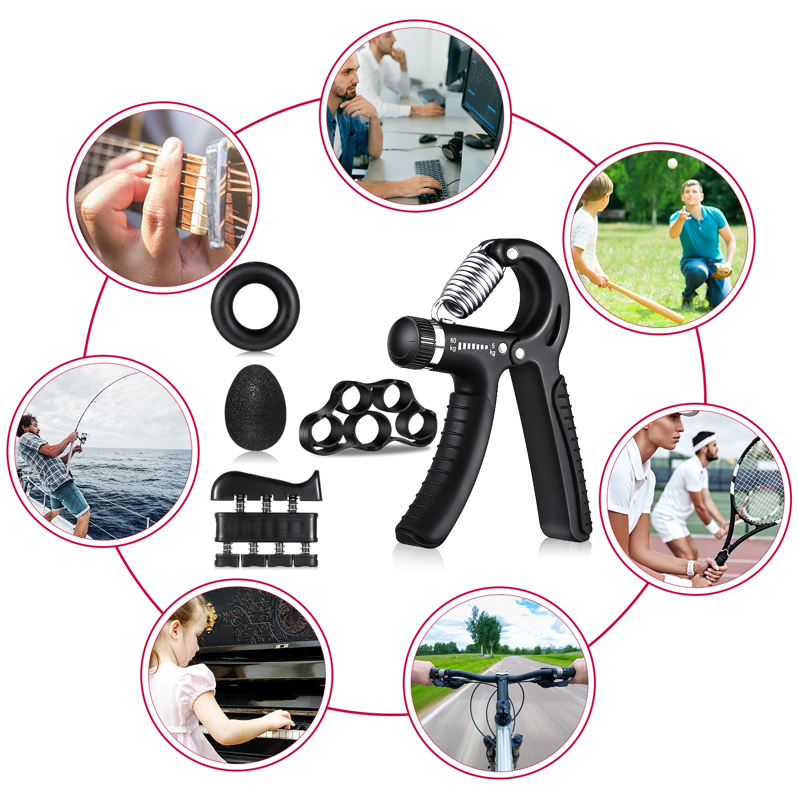 Hengguang 6Pcs Hand Grip Strengthener Kit, Hand Strength Exerciser, Adjustable Resistance 22 to 132lbs Hand Gripper,Finger Exerciser,Finger Stretcher,Grip Ring & Stress Relief Grip Ball(Black)