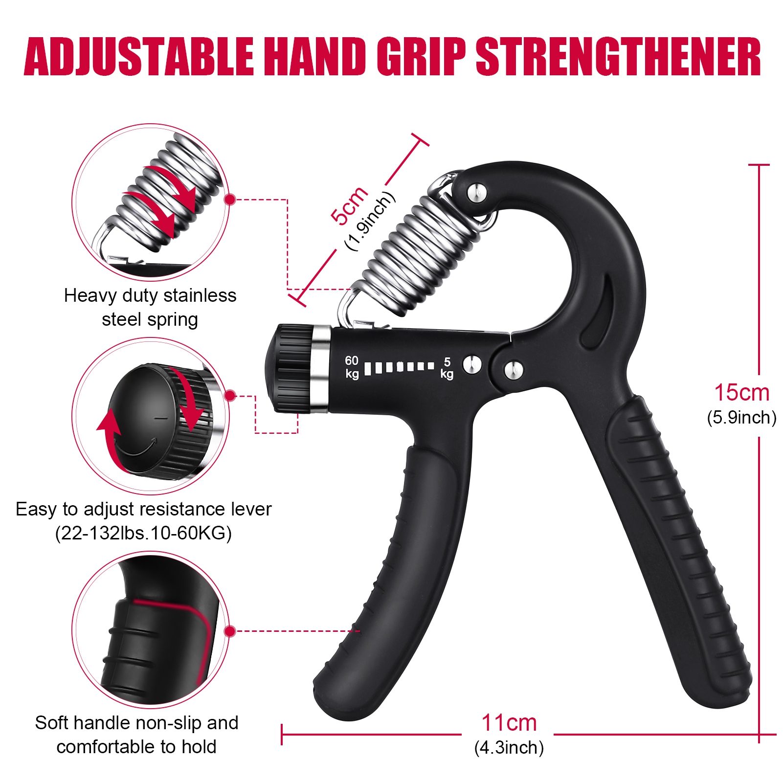 Hengguang 6Pcs Hand Grip Strengthener Kit, Hand Strength Exerciser, Adjustable Resistance 22 to 132lbs Hand Gripper,Finger Exerciser,Finger Stretcher,Grip Ring & Stress Relief Grip Ball(Black)