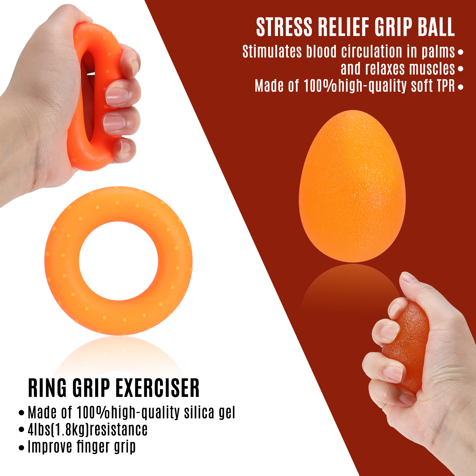 Hengguang 6Pcs Hand Grip Strengthener Kit, Hand Strength Exerciser, Adjustable Resistance 22 to 132lbs Hand Gripper,Finger Exerciser,Finger Stretcher,Grip Ring & Stress Relief Grip Ball(Orange)