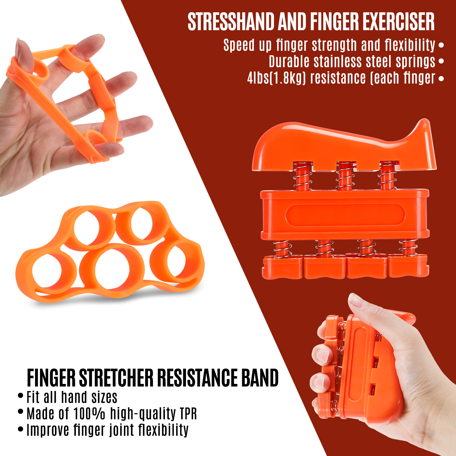 Hengguang 6Pcs Hand Grip Strengthener Kit, Hand Strength Exerciser, Adjustable Resistance 22 to 132lbs Hand Gripper,Finger Exerciser,Finger Stretcher,Grip Ring & Stress Relief Grip Ball(Orange)