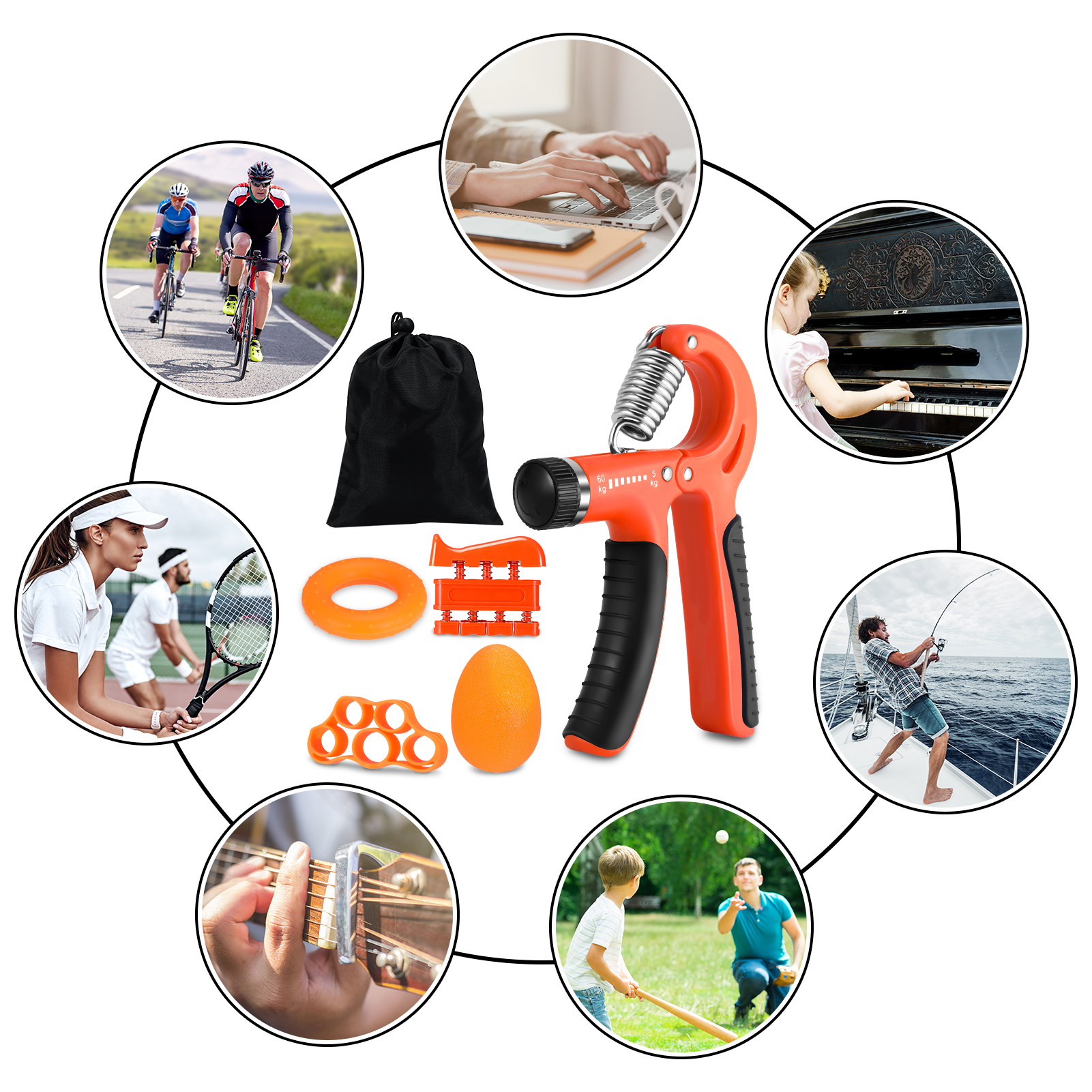 Hengguang 6Pcs Hand Grip Strengthener Kit, Hand Strength Exerciser, Adjustable Resistance 22 to 132lbs Hand Gripper,Finger Exerciser,Finger Stretcher,Grip Ring & Stress Relief Grip Ball(Orange)
