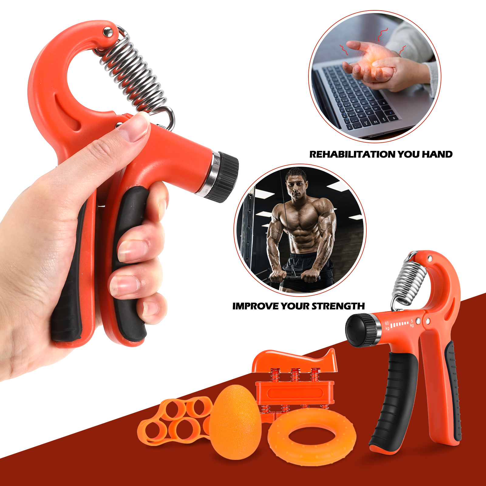 Hengguang 6Pcs Hand Grip Strengthener Kit, Hand Strength Exerciser, Adjustable Resistance 22 to 132lbs Hand Gripper,Finger Exerciser,Finger Stretcher,Grip Ring & Stress Relief Grip Ball(Orange)