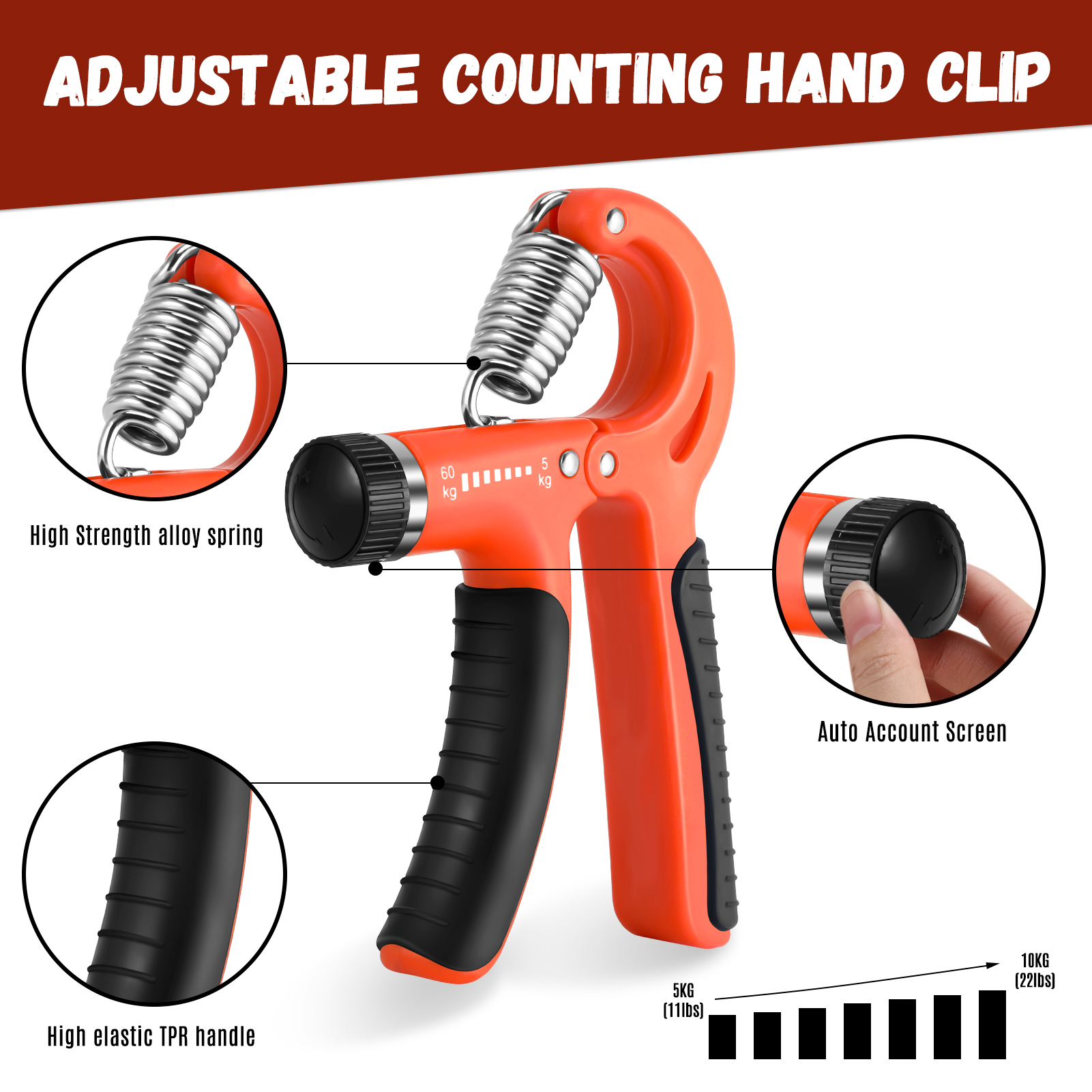 Hengguang 6Pcs Hand Grip Strengthener Kit, Hand Strength Exerciser, Adjustable Resistance 22 to 132lbs Hand Gripper,Finger Exerciser,Finger Stretcher,Grip Ring & Stress Relief Grip Ball(Orange)