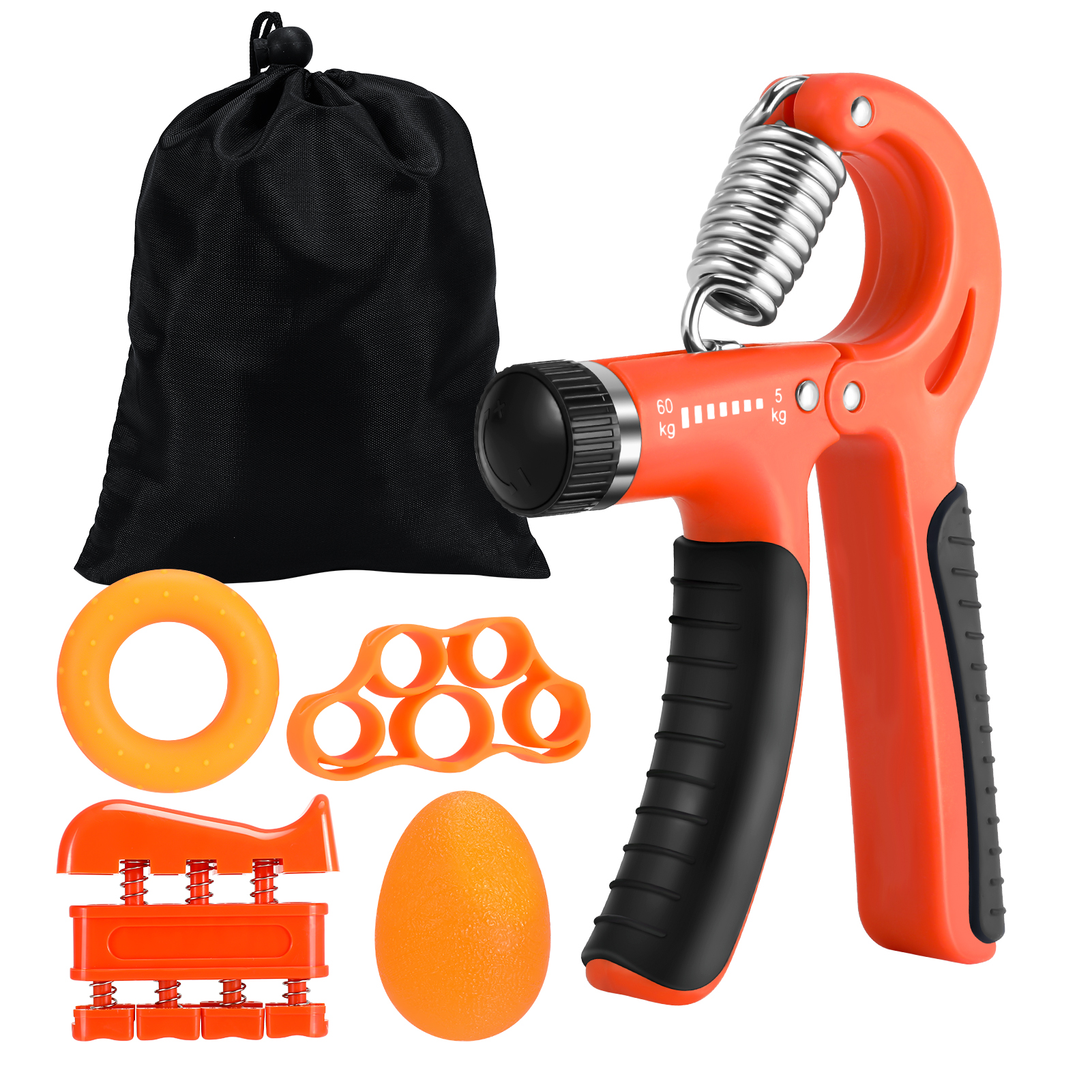 Hengguang 6Pcs Hand Grip Strengthener Kit, Hand Strength Exerciser, Adjustable Resistance 22 to 132lbs Hand Gripper,Finger Exerciser,Finger Stretcher,Grip Ring & Stress Relief Grip Ball（Orange）
