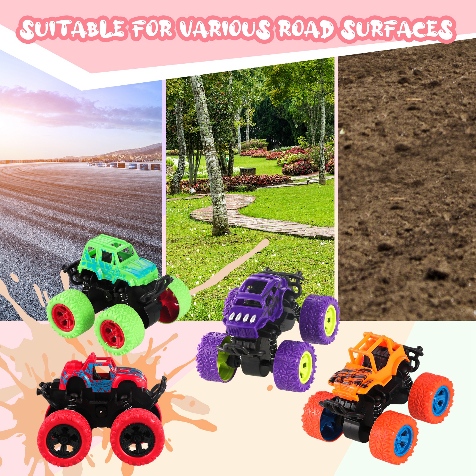 Armscye 4 Pack Pull Back Trucks,Monster Truck Toys,Friction Powered Pull Back Push and Go Toddler Toys Inertia Car Toys for 3 + Year Old Boys Girls