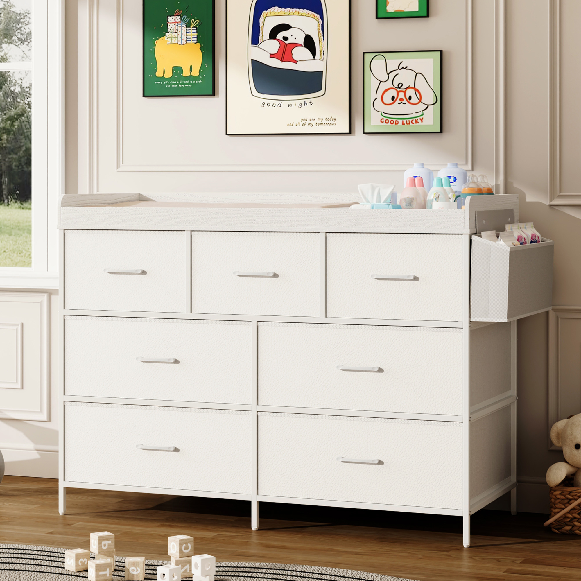 ANPOO Changing Table Dresser with Storage, Baby Dresser with Changing Table Top, Waterproof Diaper Changing Station with 7 Fabric Drawers for Nursery Modern, White