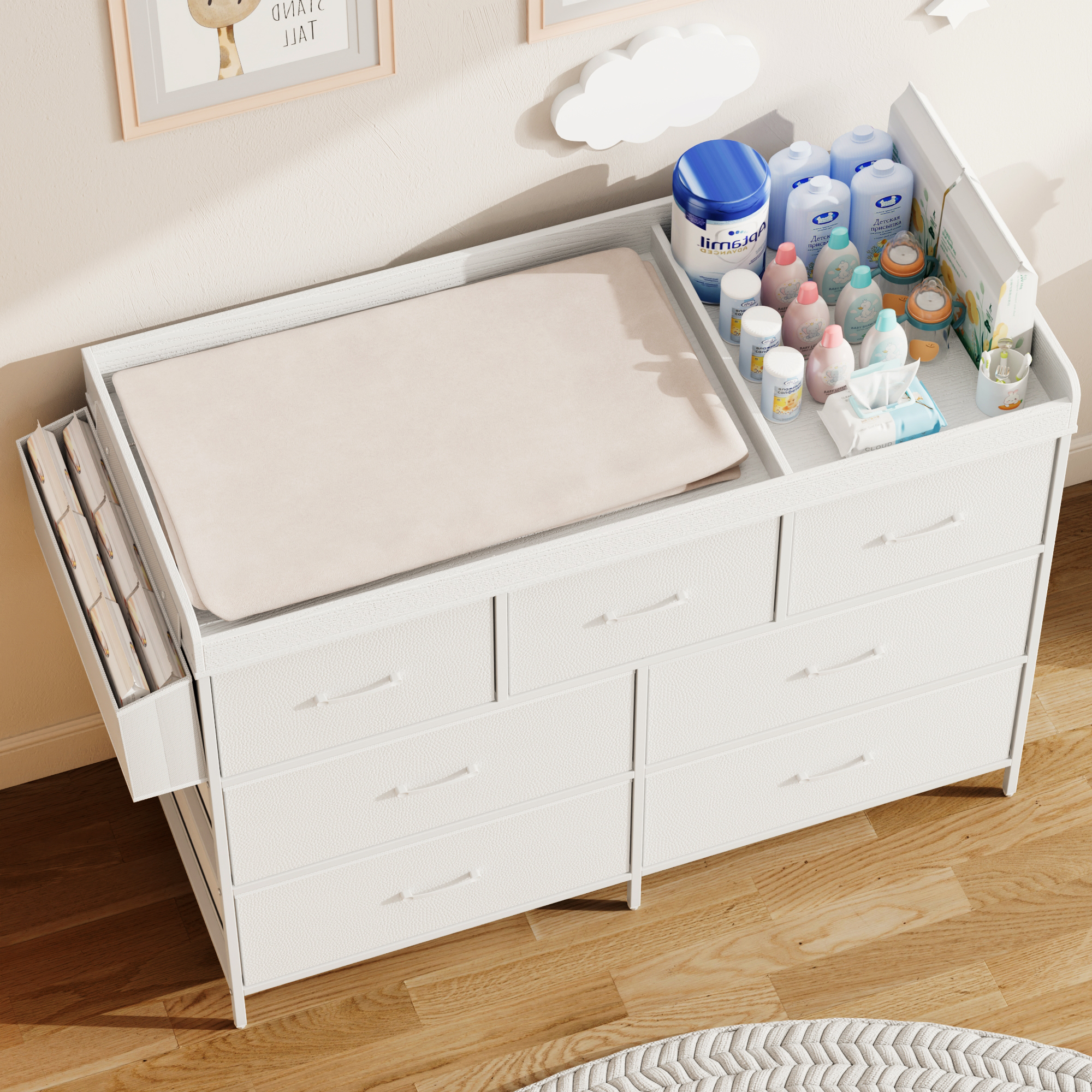 ANPOO Changing Table Dresser with Storage, Baby Dresser with Changing Table Top, Waterproof Diaper Changing Station with 7 Fabric Drawers for Nursery Modern, White