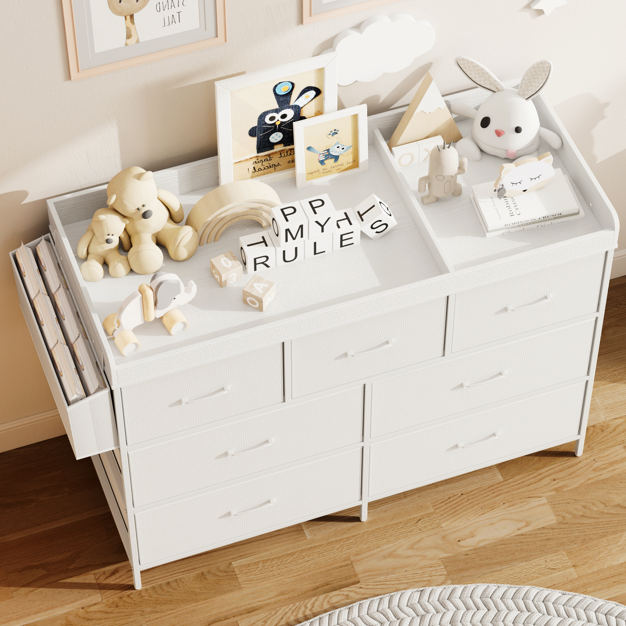 ANPOO Changing Table Dresser with Storage, Baby Dresser with Changing Table Top, Waterproof Diaper Changing Station with 7 Fabric Drawers for Nursery Modern, White