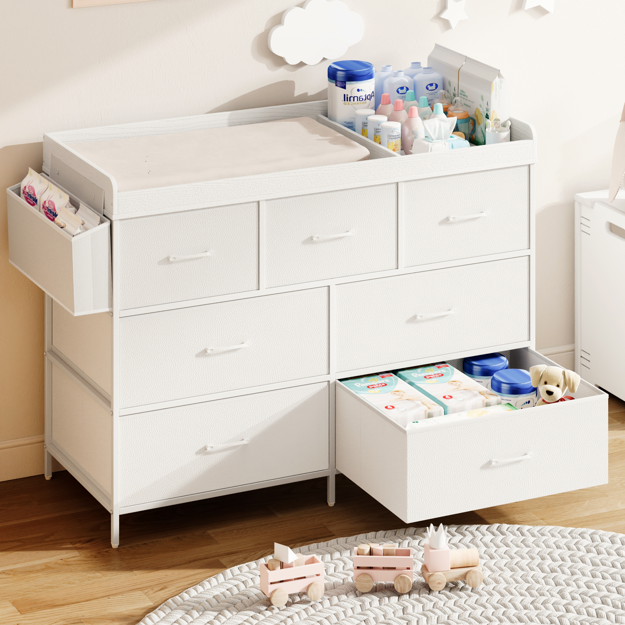 ANPOO Changing Table Dresser with Storage, Baby Dresser with Changing Table Top, Waterproof Diaper Changing Station with 7 Fabric Drawers for Nursery Modern, White