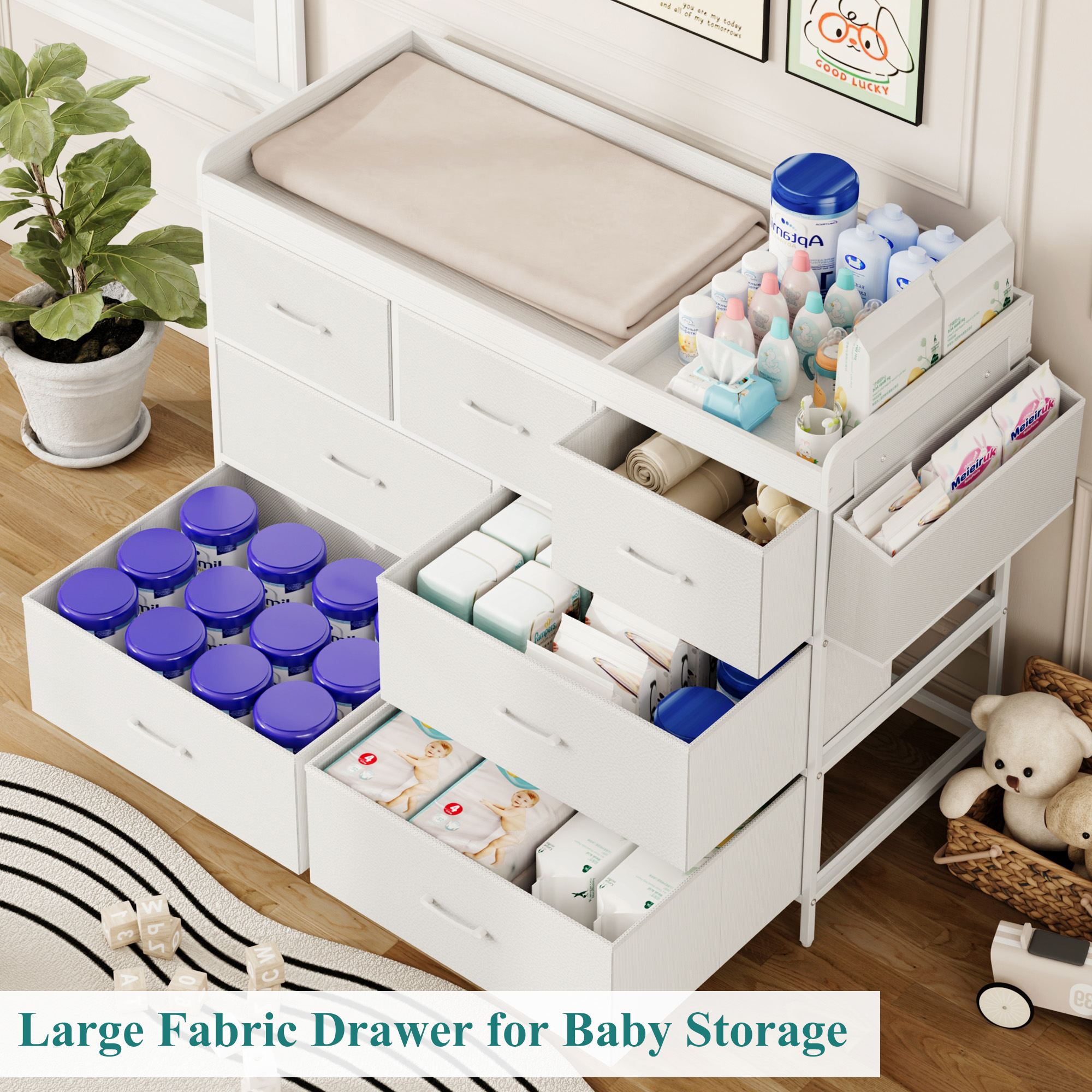 ANPOO Changing Table Dresser with Storage, Baby Dresser with Changing Table Top, Waterproof Diaper Changing Station with 7 Fabric Drawers for Nursery Modern, White