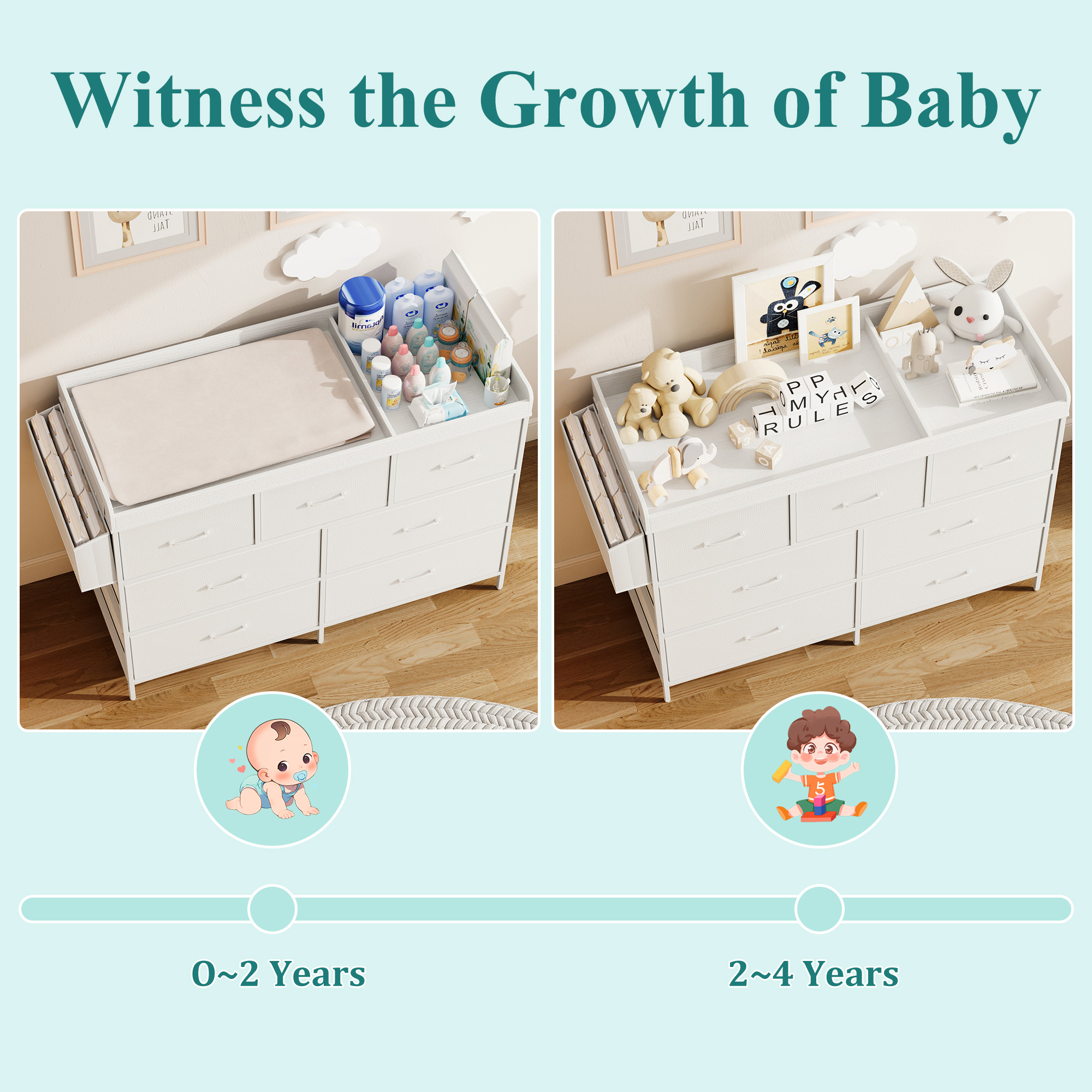 ANPOO Changing Table Dresser with Storage, Baby Dresser with Changing Table Top, Waterproof Diaper Changing Station with 7 Fabric Drawers for Nursery Modern, White