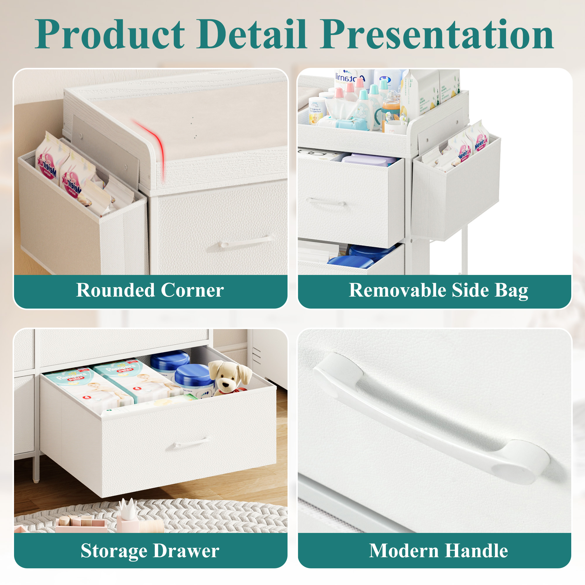 ANPOO Changing Table Dresser with Storage, Baby Dresser with Changing Table Top, Waterproof Diaper Changing Station with 7 Fabric Drawers for Nursery Modern, White