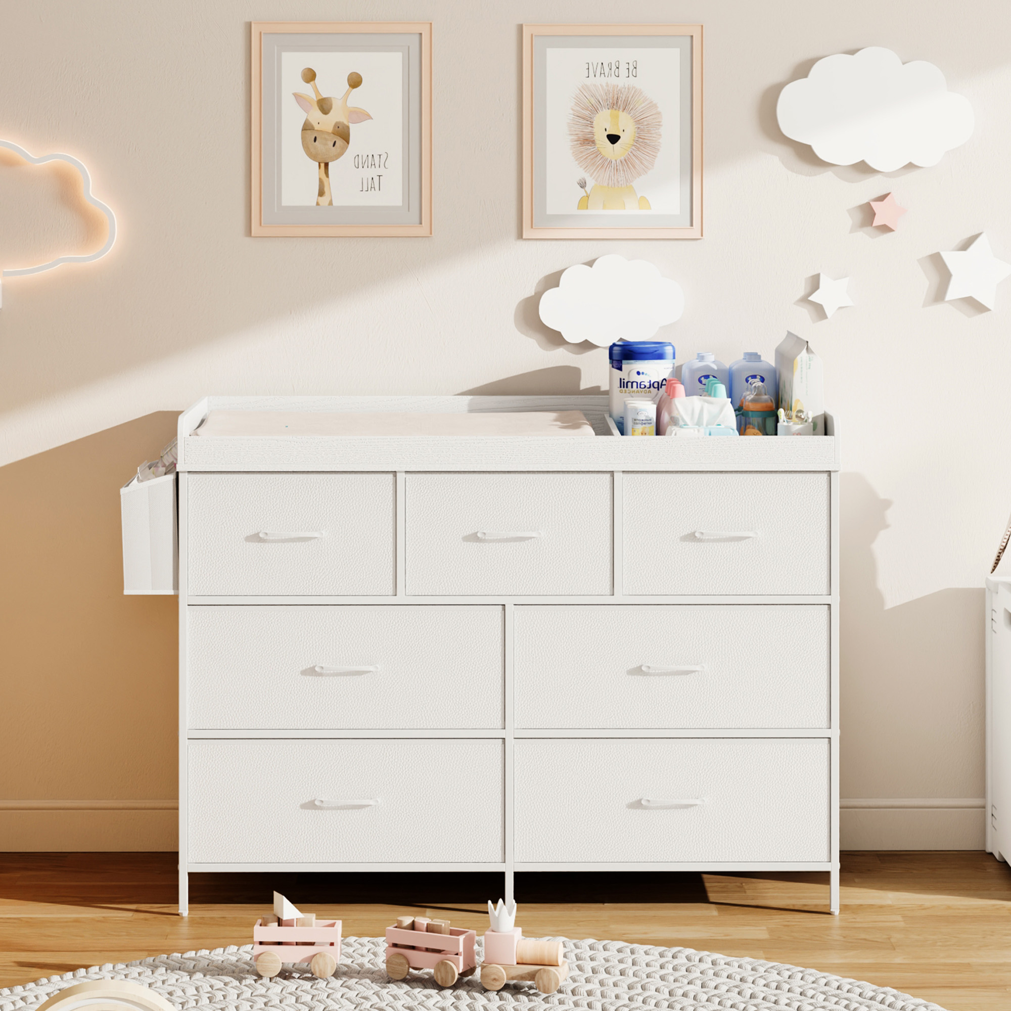 ANPOO Changing Table Dresser with Storage, Baby Dresser with Changing Table Top, Waterproof Diaper Changing Station with 7 Fabric Drawers for Nursery Modern, White