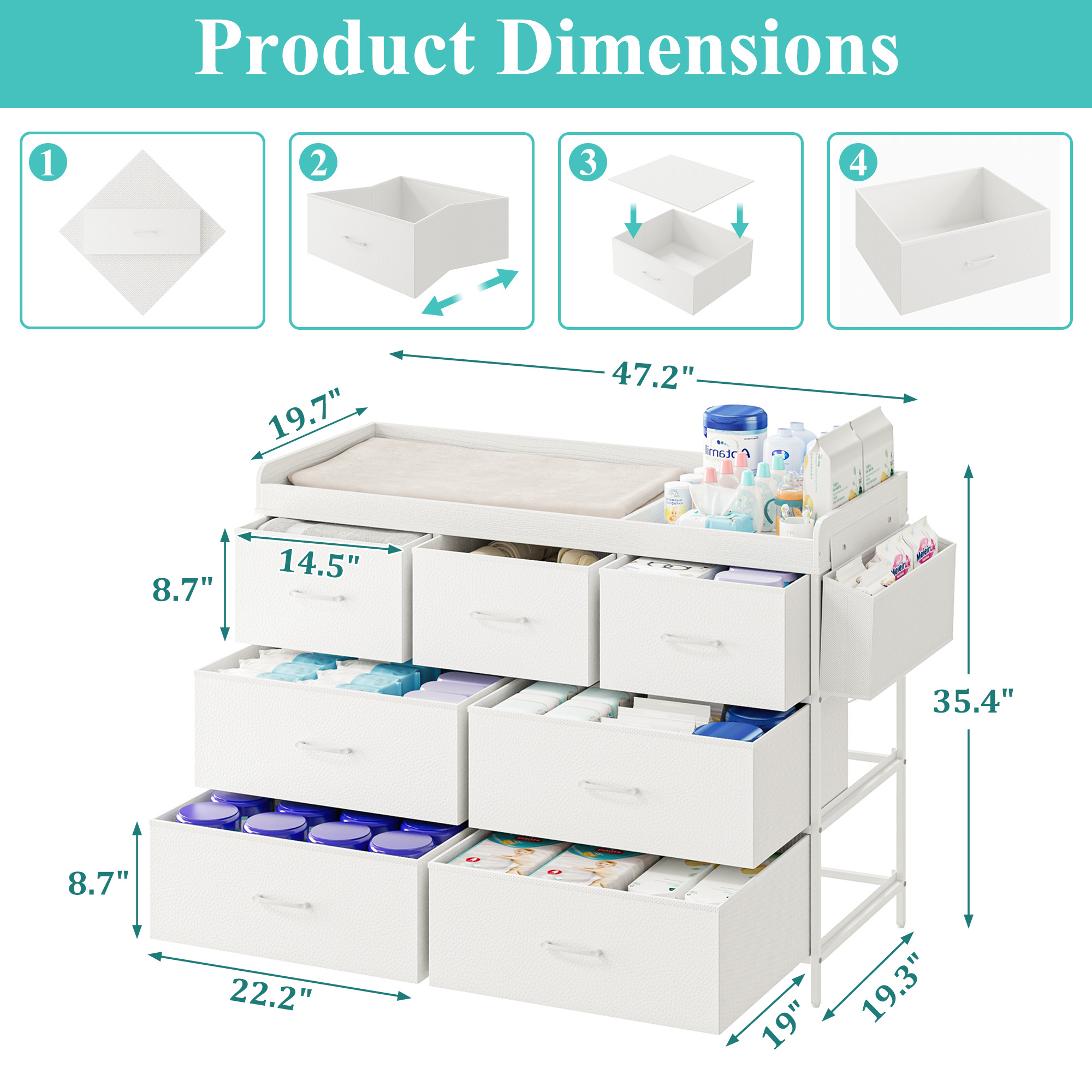 ANPOO Changing Table Dresser with Storage, Baby Dresser with Changing Table Top, Waterproof Diaper Changing Station with 7 Fabric Drawers for Nursery Modern, White