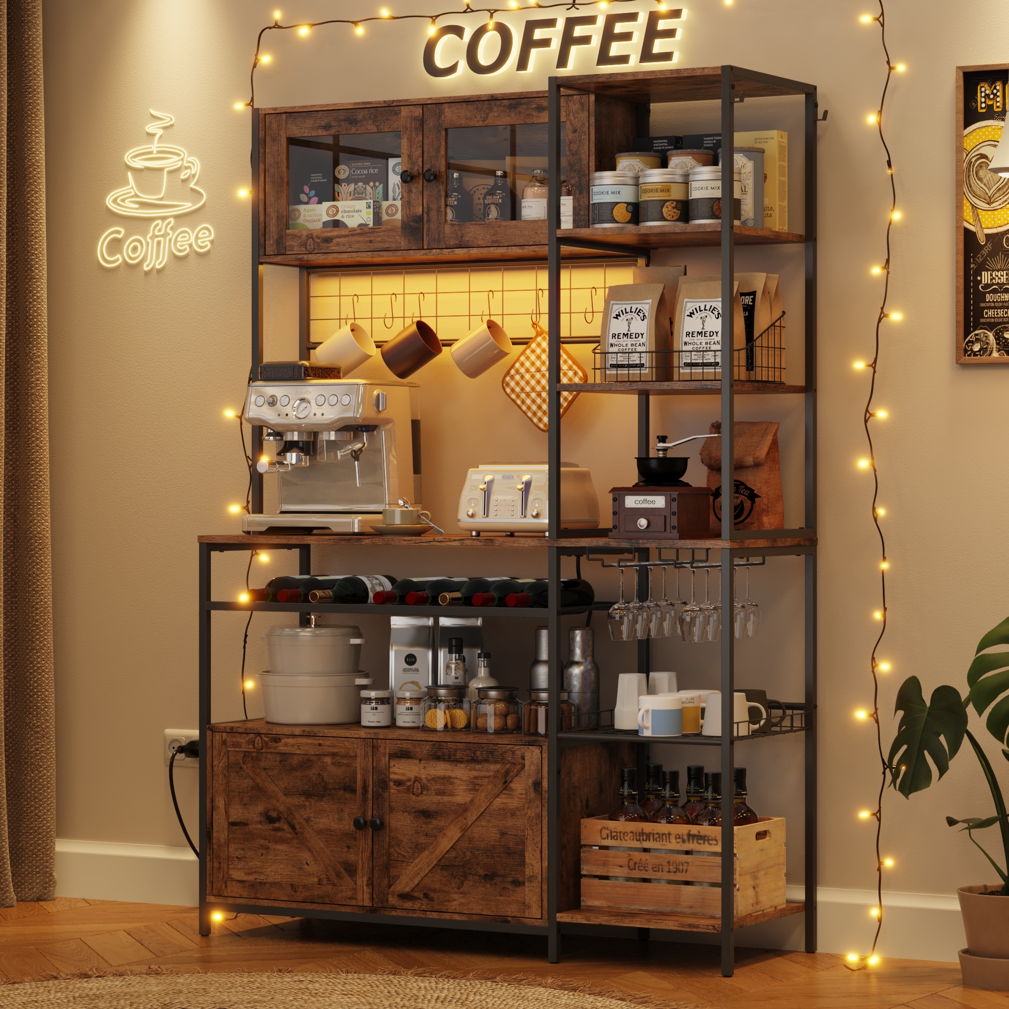 47.2" W Large Kitchen Baker's Rack with Power Outlet&LED Light,67" Tall Farmhouse Coffee Bar Bakers Rack,Kitchen Microwave Stand w/ Wine Rack,Glass Cabinet,Iron Mesh&Hooks