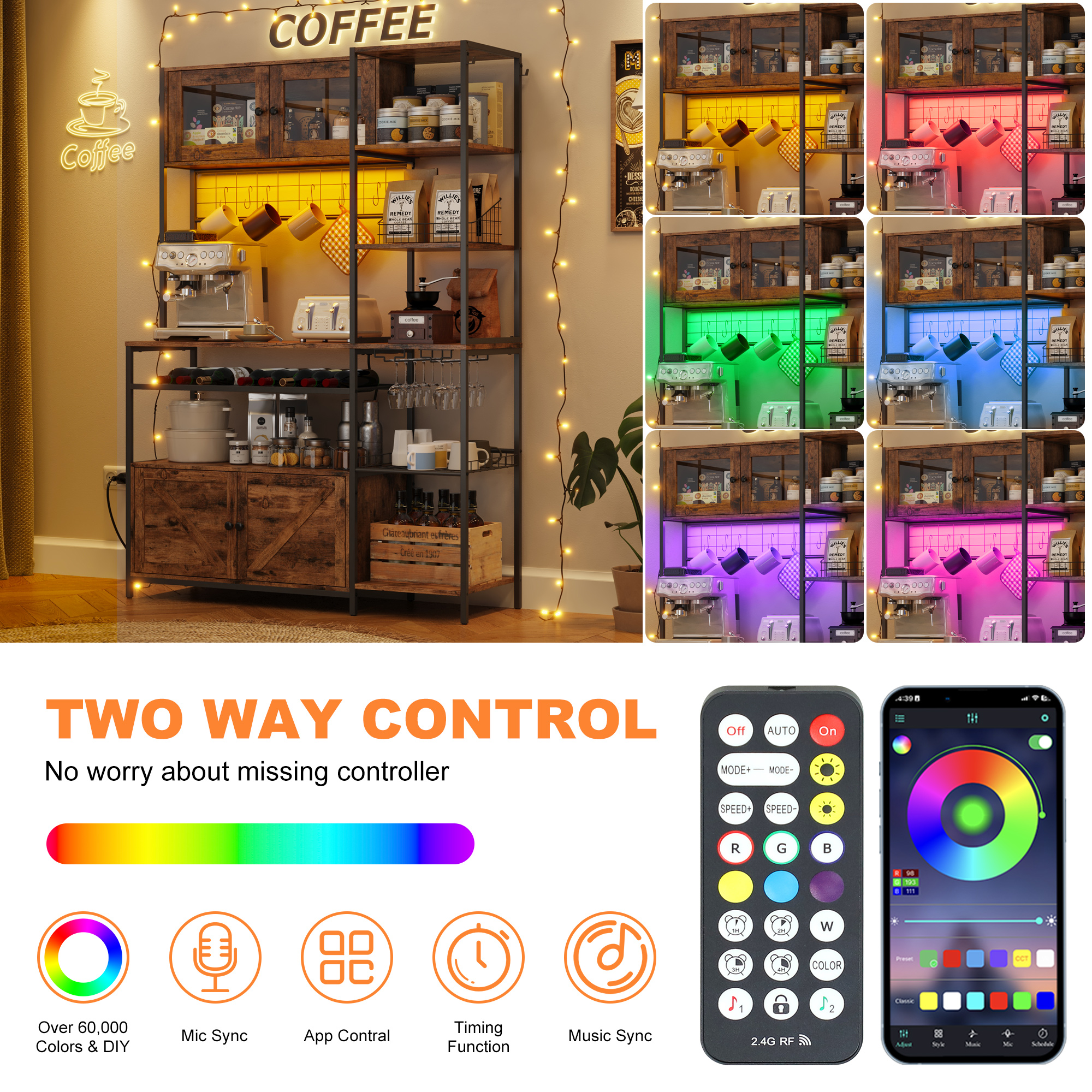 47.2" W Large Kitchen Baker's Rack with Power Outlet&LED Light,67" Tall Farmhouse Coffee Bar Bakers Rack,Kitchen Microwave Stand w/ Wine Rack,Glass Cabinet,Iron Mesh&Hooks