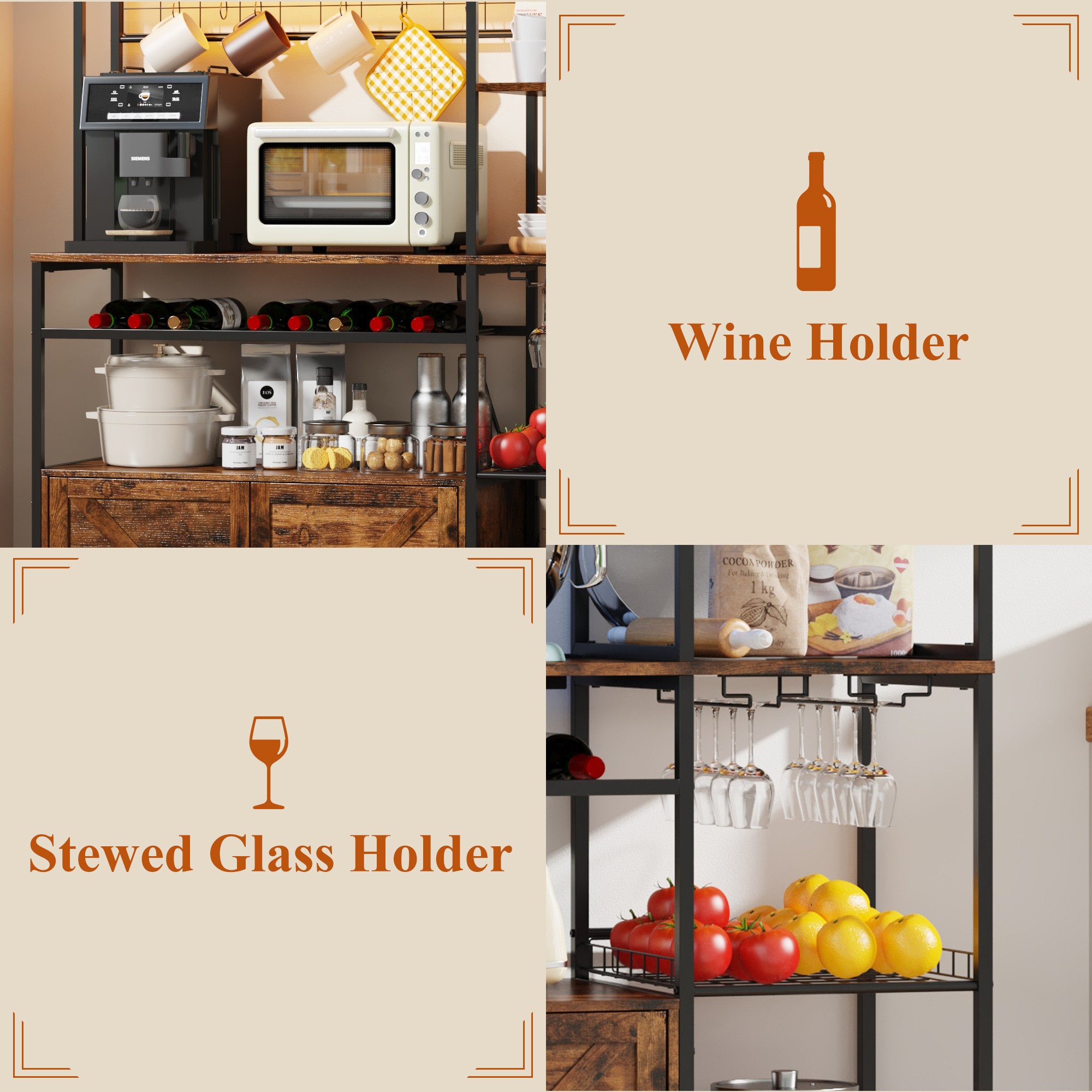 47.2" W Large Kitchen Baker's Rack with Power Outlet&LED Light,67" Tall Farmhouse Coffee Bar Bakers Rack,Kitchen Microwave Stand w/ Wine Rack,Glass Cabinet,Iron Mesh&Hooks