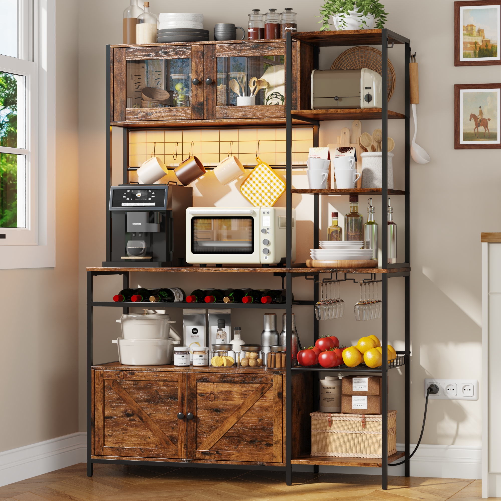 47.2" W Large Kitchen Baker's Rack with Power Outlet&LED Light,67" Tall Farmhouse Coffee Bar Bakers Rack,Kitchen Microwave Stand w/ Wine Rack,Glass Cabinet,Iron Mesh&Hooks