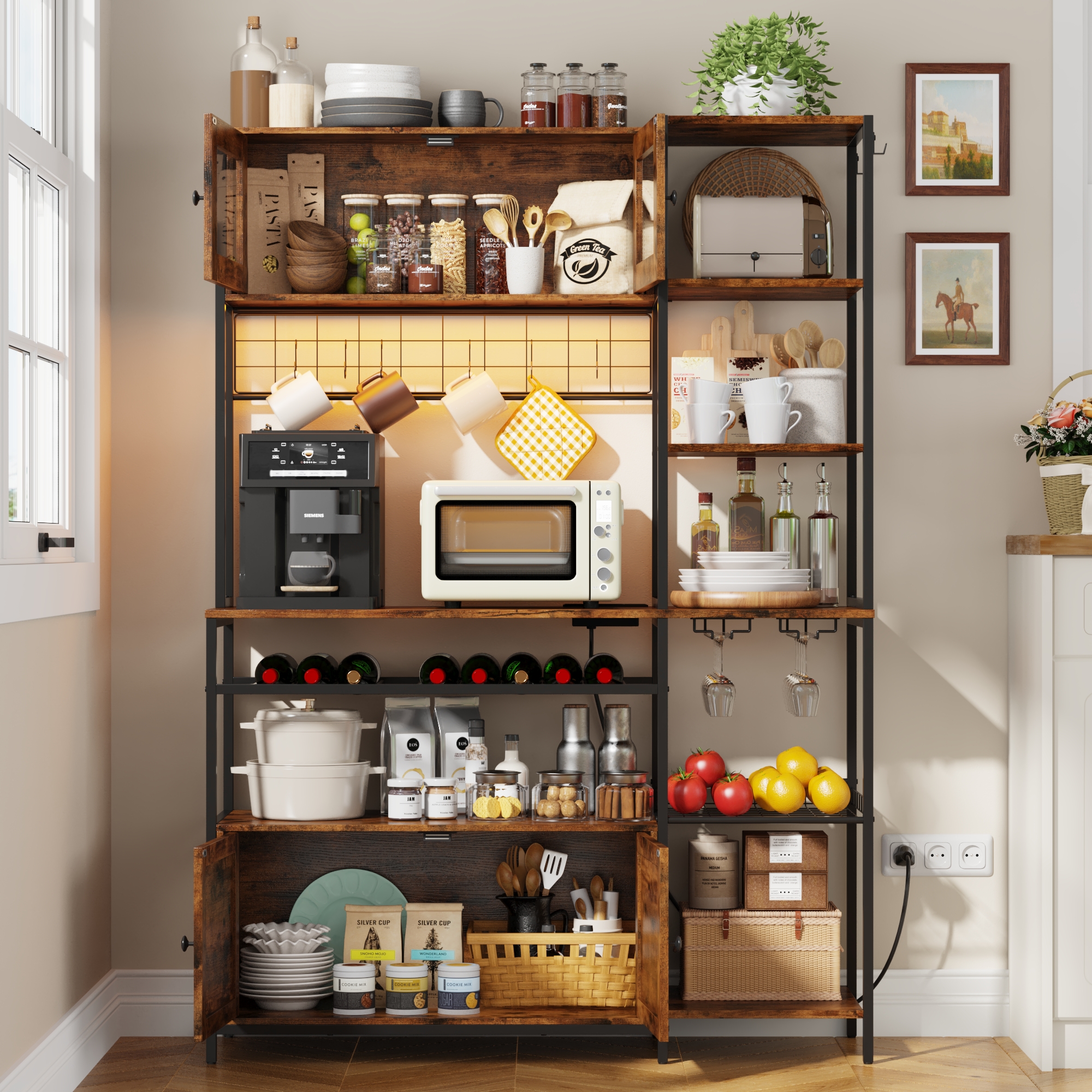 47.2" W Large Kitchen Baker's Rack with Power Outlet&LED Light,67" Tall Farmhouse Coffee Bar Bakers Rack,Kitchen Microwave Stand w/ Wine Rack,Glass Cabinet,Iron Mesh&Hooks