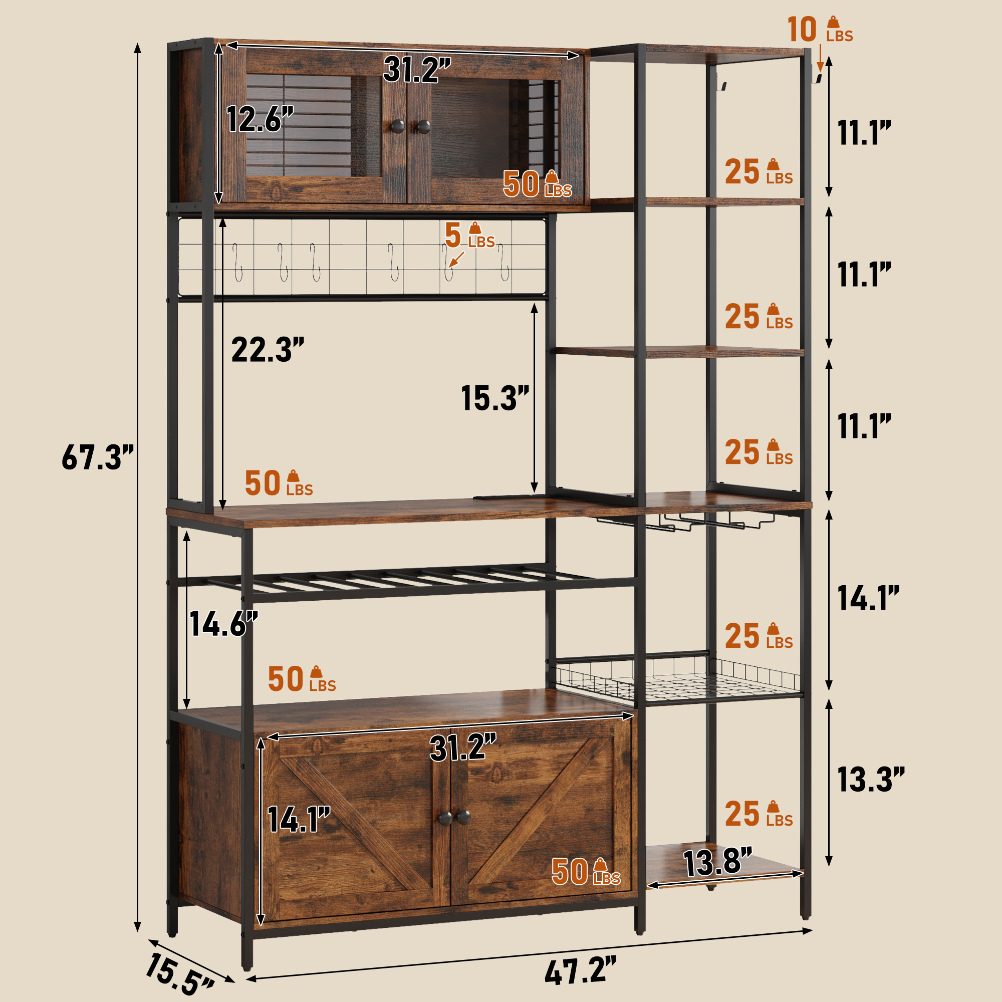 47.2" W Large Kitchen Baker's Rack with Power Outlet&LED Light,67" Tall Farmhouse Coffee Bar Bakers Rack,Kitchen Microwave Stand w/ Wine Rack,Glass Cabinet,Iron Mesh&Hooks