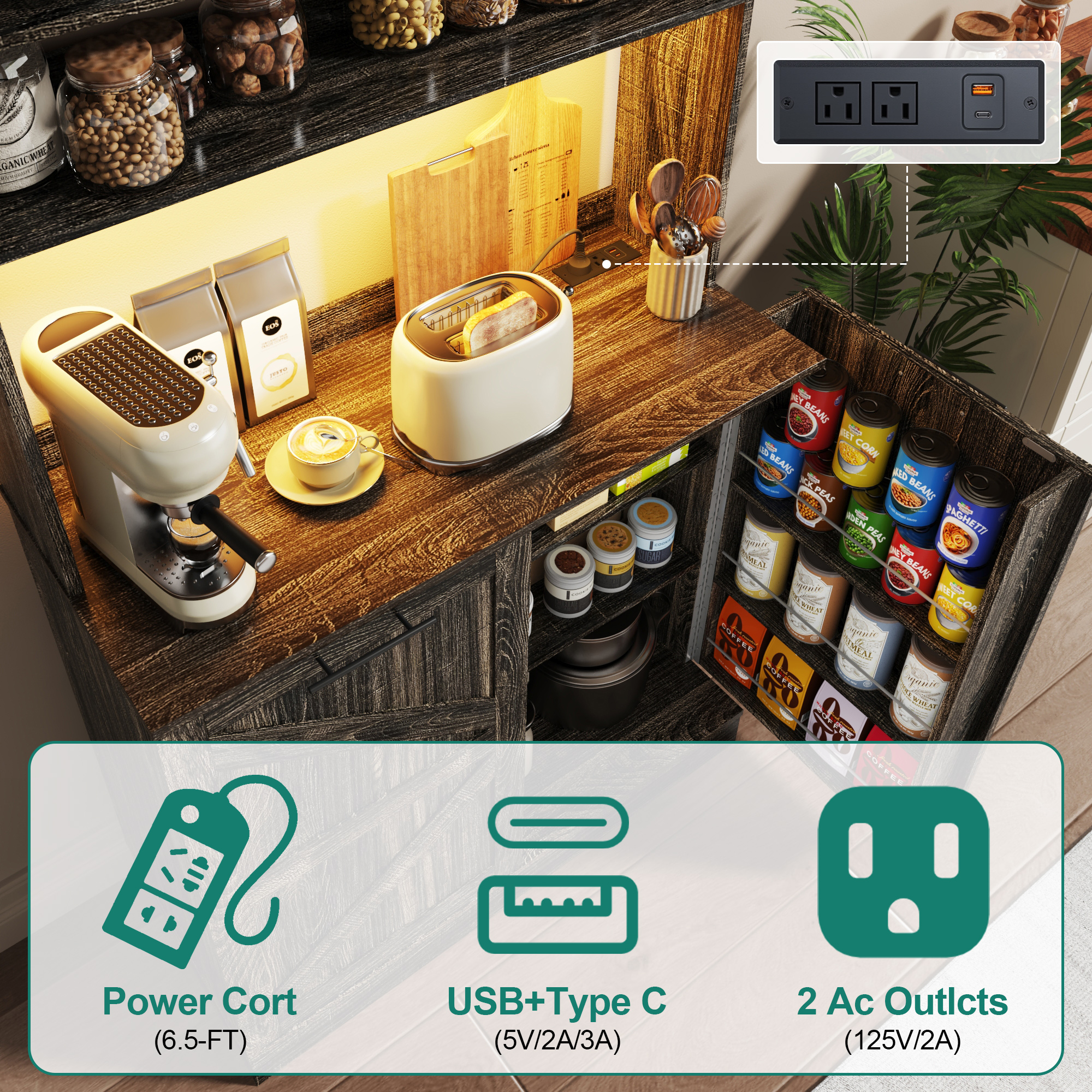 Farmhouse Kitchen Bakers Rack with 10 Gallon Tilt Out Trash Can Cabinet, Pantry Cabinet with LED Light, Power Outlet, Storage Shelf, 6-Tiers Tall Coffee Bar with Hutch for Kitchen Living Room