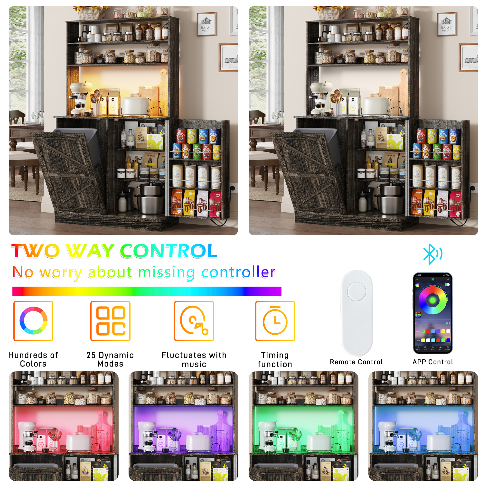 Farmhouse Kitchen Bakers Rack with 10 Gallon Tilt Out Trash Can Cabinet, Pantry Cabinet with LED Light, Power Outlet, Storage Shelf, 6-Tiers Tall Coffee Bar with Hutch for Kitchen Living Room