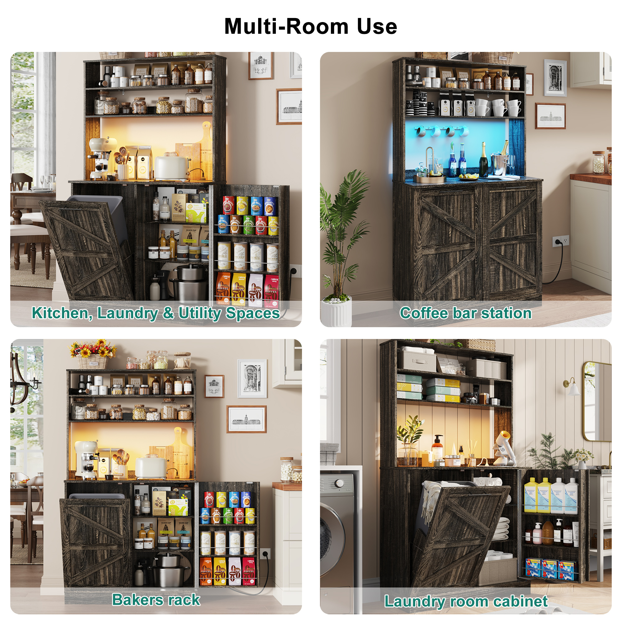 Farmhouse Kitchen Bakers Rack with 10 Gallon Tilt Out Trash Can Cabinet, Pantry Cabinet with LED Light, Power Outlet, Storage Shelf, 6-Tiers Tall Coffee Bar with Hutch for Kitchen Living Room