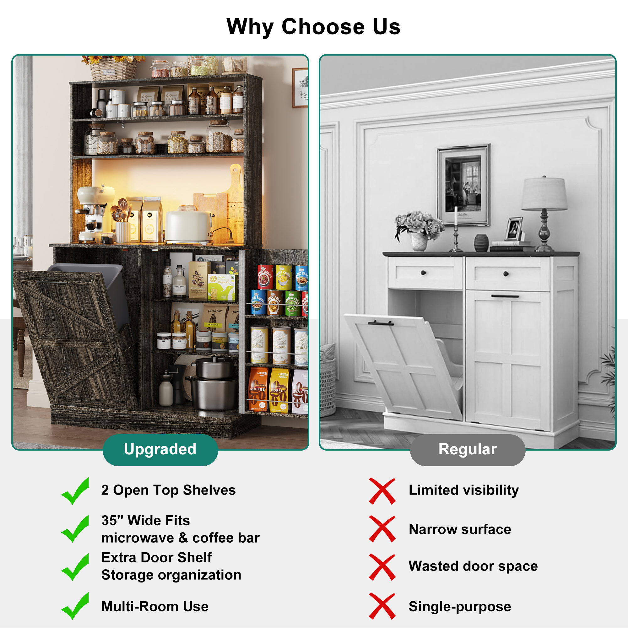 Farmhouse Kitchen Bakers Rack with 10 Gallon Tilt Out Trash Can Cabinet, Pantry Cabinet with LED Light, Power Outlet, Storage Shelf, 6-Tiers Tall Coffee Bar with Hutch for Kitchen Living Room