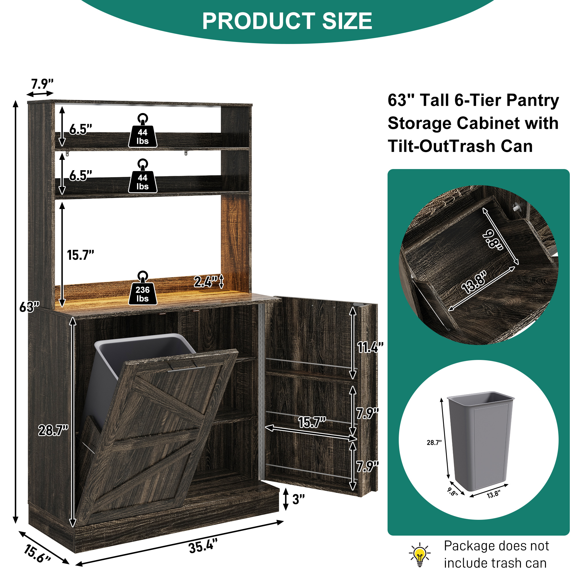 Farmhouse Kitchen Bakers Rack with 10 Gallon Tilt Out Trash Can Cabinet, Pantry Cabinet with LED Light, Power Outlet, Storage Shelf, 6-Tiers Tall Coffee Bar with Hutch for Kitchen Living Room