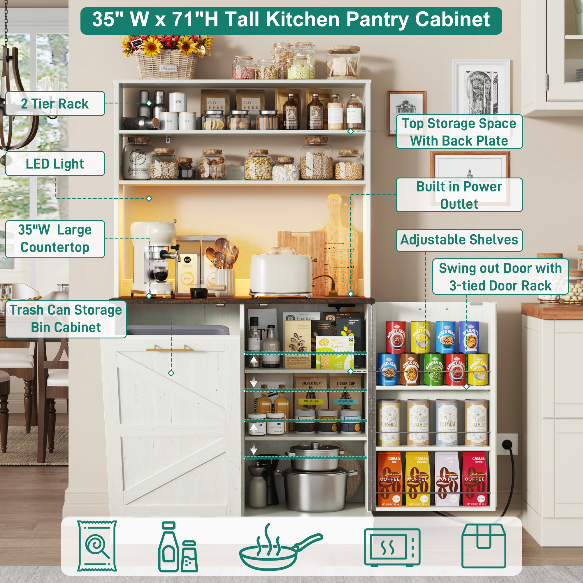 Farmhouse Kitchen Bakers Rack with 10 Gallon Tilt Out Trash Can Cabinet, Pantry Cabinet with LED Light, Power Outlet, Storage Shelf, 6-Tiers Tall Coffee Bar with Hutch for Kitchen Living Room