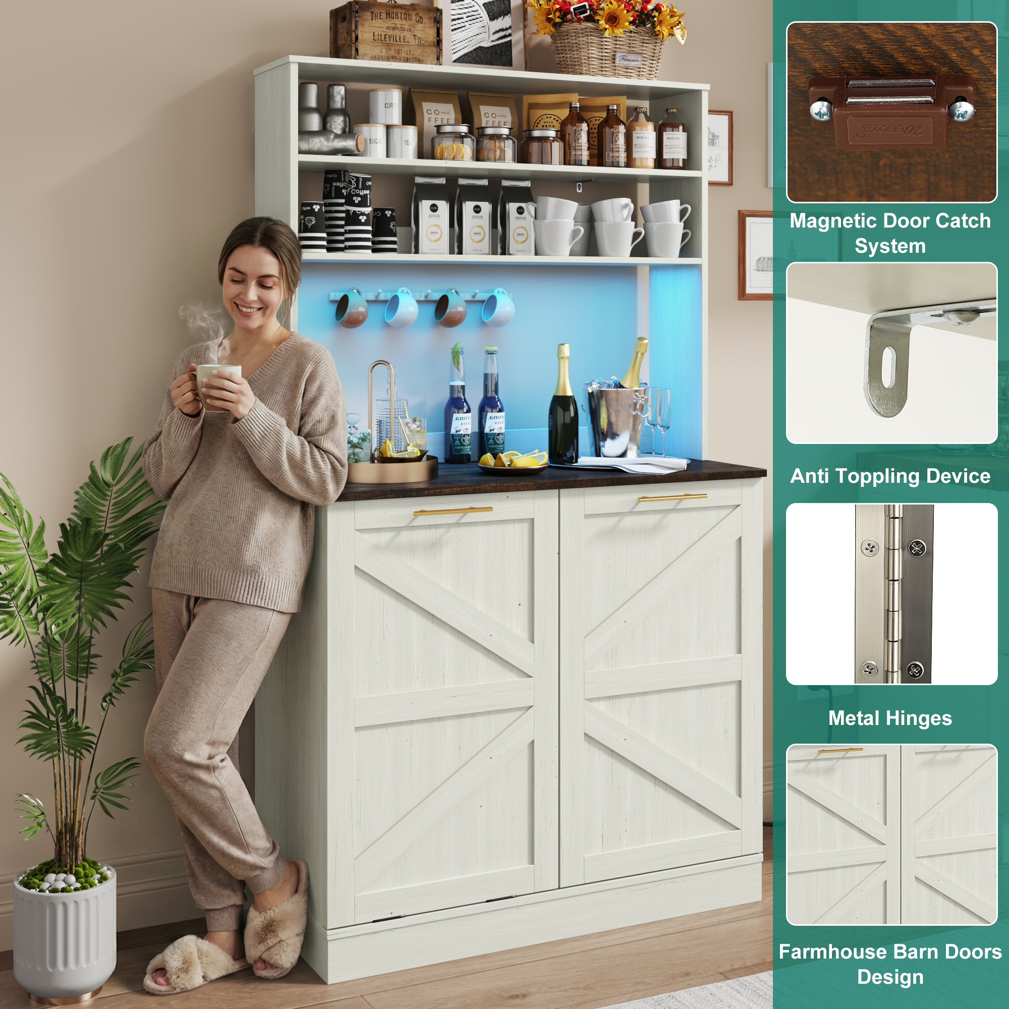 Farmhouse Kitchen Bakers Rack with 10 Gallon Tilt Out Trash Can Cabinet, Pantry Cabinet with LED Light, Power Outlet, Storage Shelf, 6-Tiers Tall Coffee Bar with Hutch for Kitchen Living Room