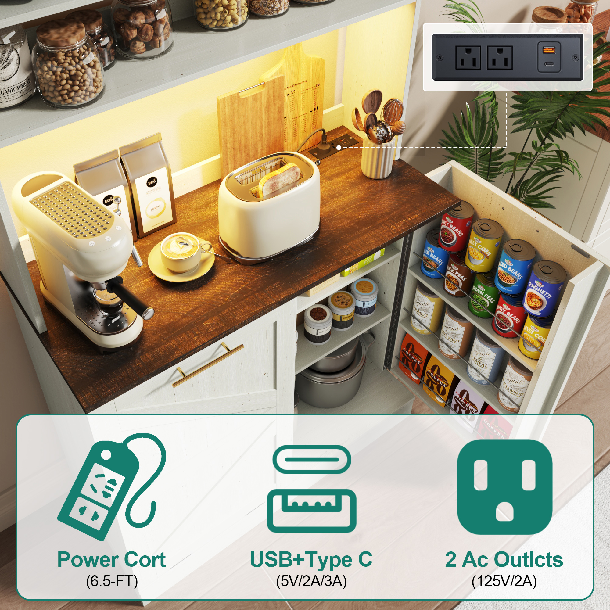 Farmhouse Kitchen Bakers Rack with 10 Gallon Tilt Out Trash Can Cabinet, Pantry Cabinet with LED Light, Power Outlet, Storage Shelf, 6-Tiers Tall Coffee Bar with Hutch for Kitchen Living Room