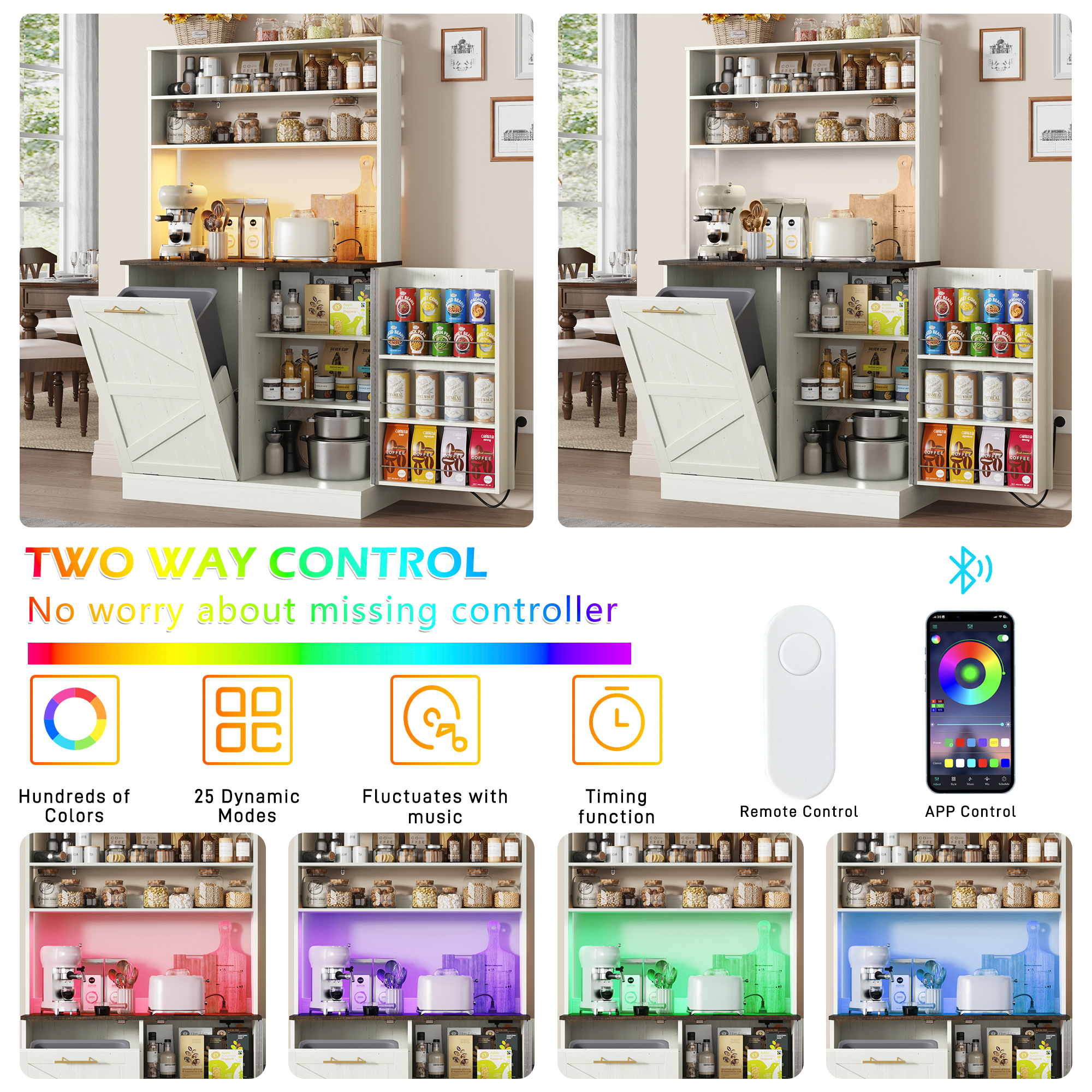 Farmhouse Kitchen Bakers Rack with 10 Gallon Tilt Out Trash Can Cabinet, Pantry Cabinet with LED Light, Power Outlet, Storage Shelf, 6-Tiers Tall Coffee Bar with Hutch for Kitchen Living Room