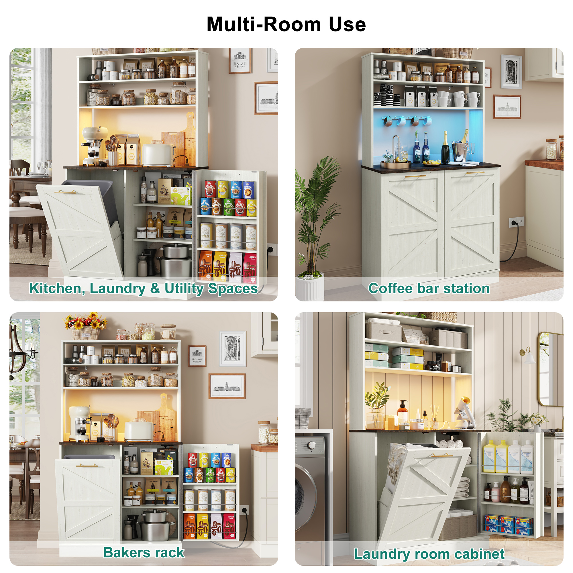 Farmhouse Kitchen Bakers Rack with 10 Gallon Tilt Out Trash Can Cabinet, Pantry Cabinet with LED Light, Power Outlet, Storage Shelf, 6-Tiers Tall Coffee Bar with Hutch for Kitchen Living Room