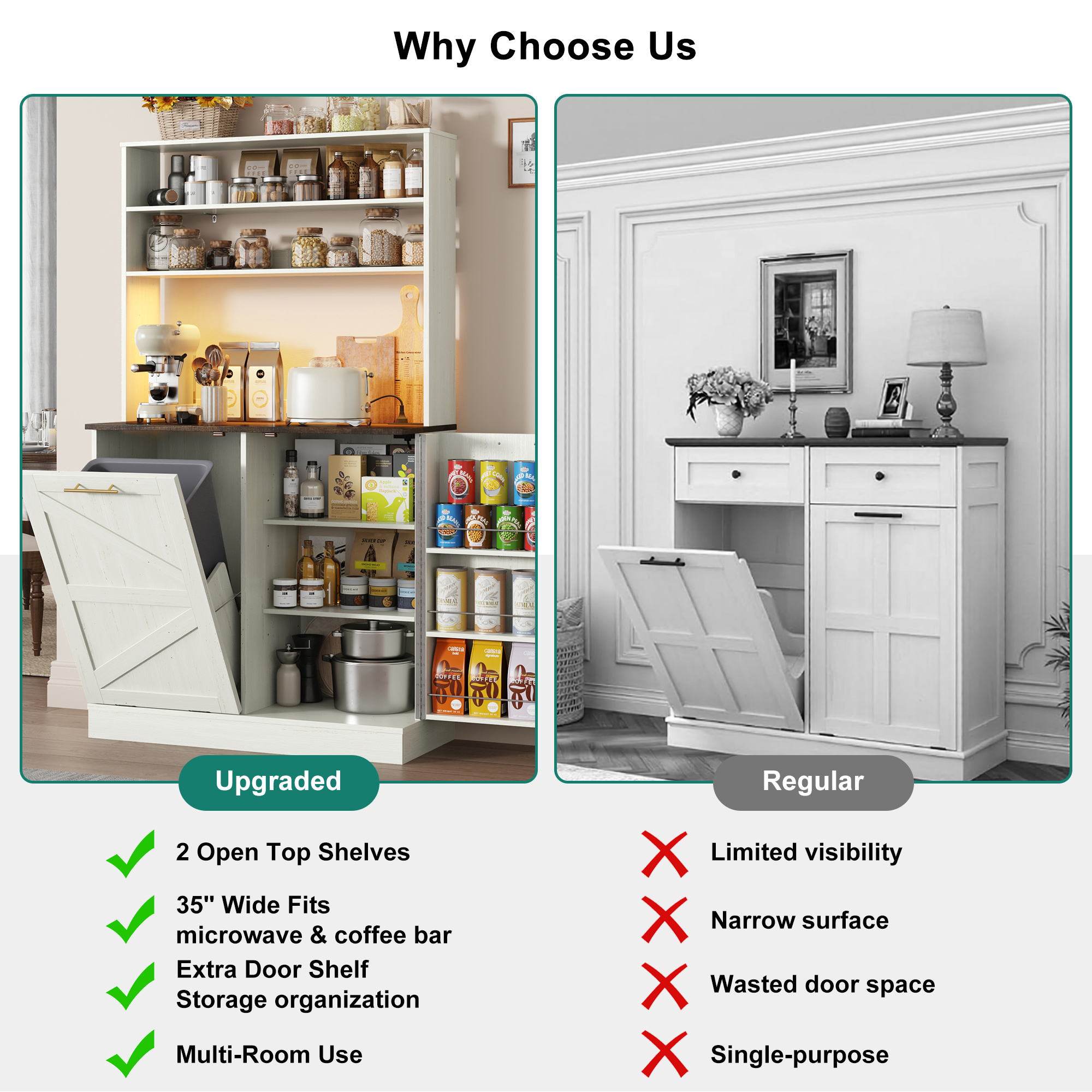 Farmhouse Kitchen Bakers Rack with 10 Gallon Tilt Out Trash Can Cabinet, Pantry Cabinet with LED Light, Power Outlet, Storage Shelf, 6-Tiers Tall Coffee Bar with Hutch for Kitchen Living Room