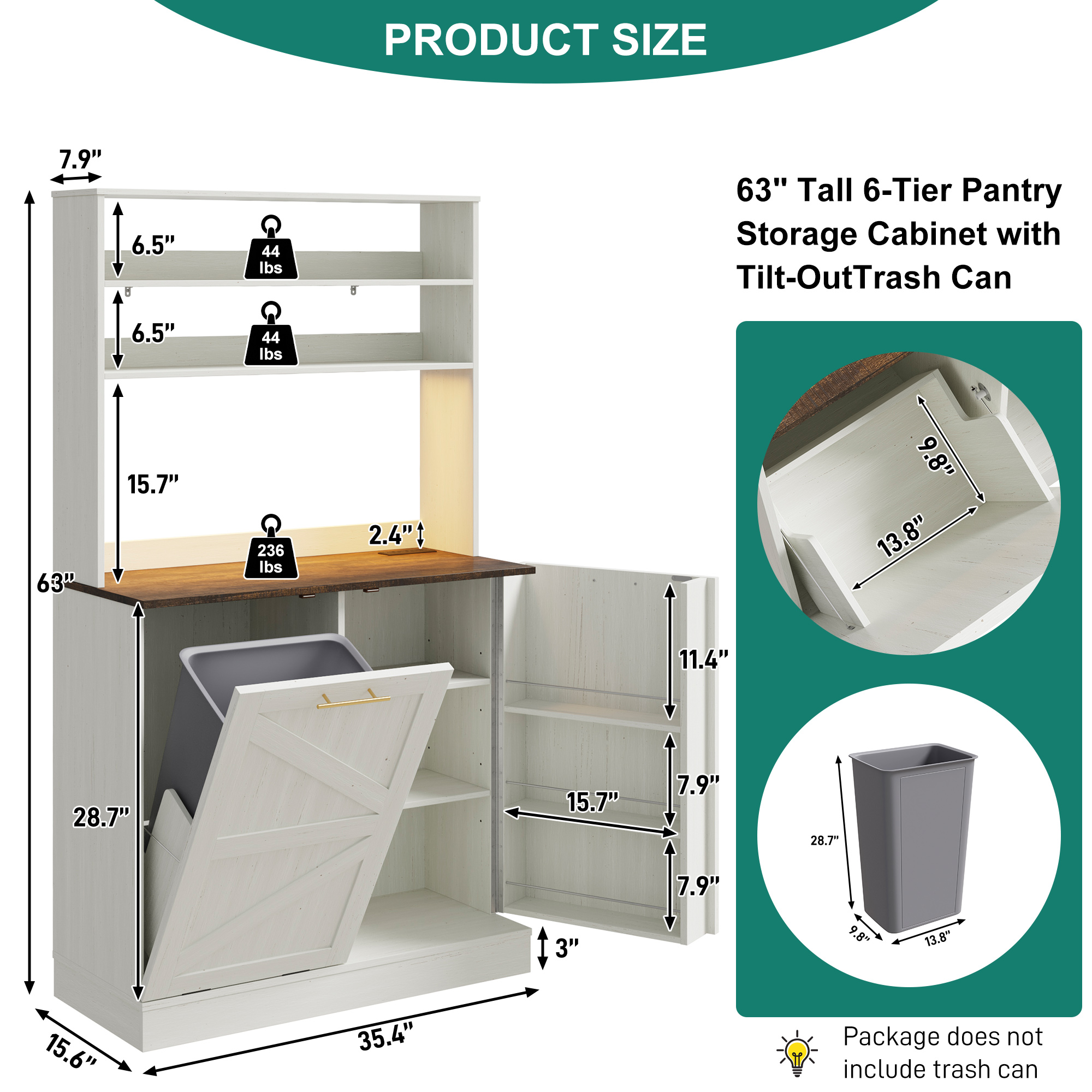 Farmhouse Kitchen Bakers Rack with 10 Gallon Tilt Out Trash Can Cabinet, Pantry Cabinet with LED Light, Power Outlet, Storage Shelf, 6-Tiers Tall Coffee Bar with Hutch for Kitchen Living Room