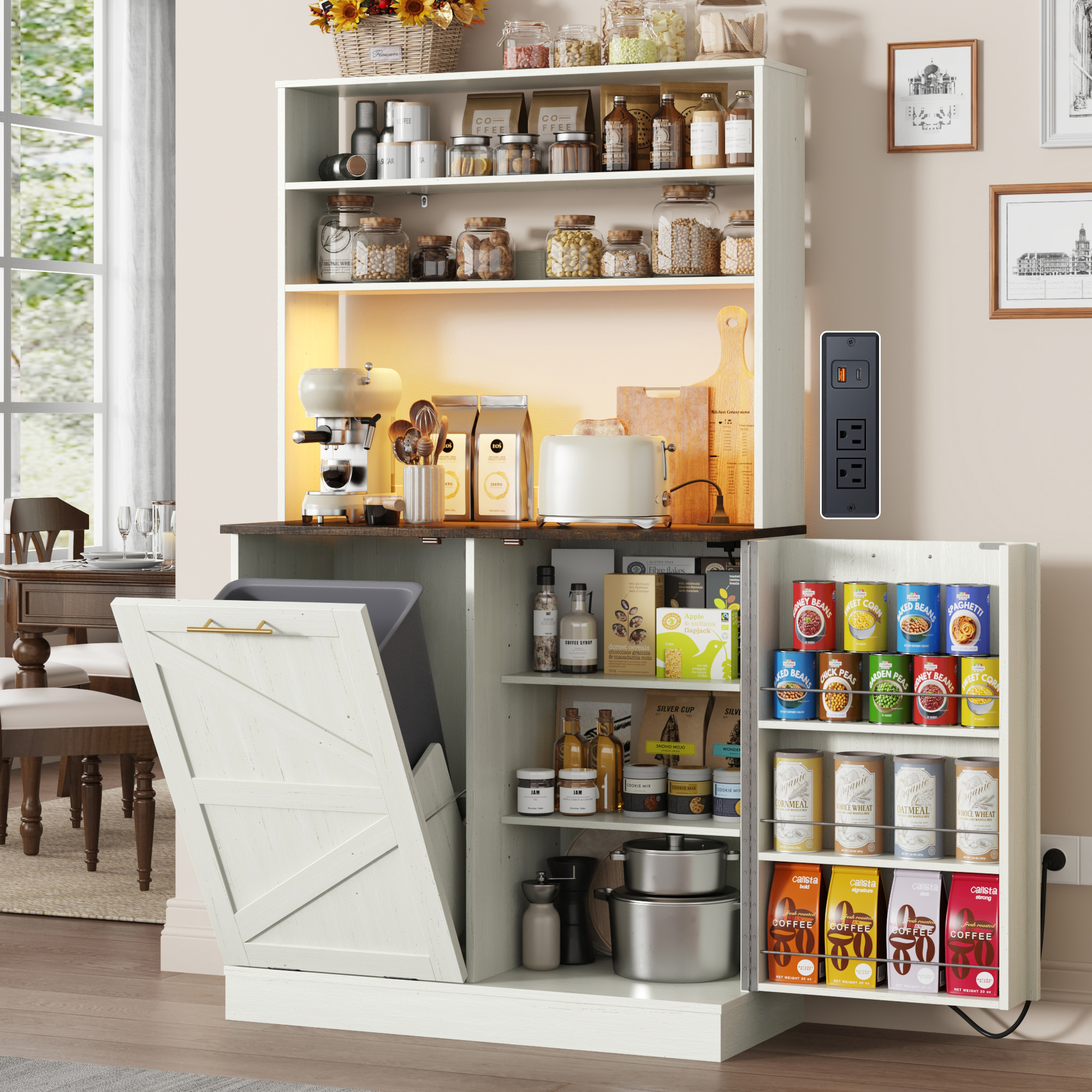 Farmhouse Kitchen Bakers Rack with 10 Gallon Tilt Out Trash Can Cabinet, Pantry Cabinet with LED Light, Power Outlet, Storage Shelf, 6-Tiers Tall Coffee Bar with Hutch for Kitchen Living Room