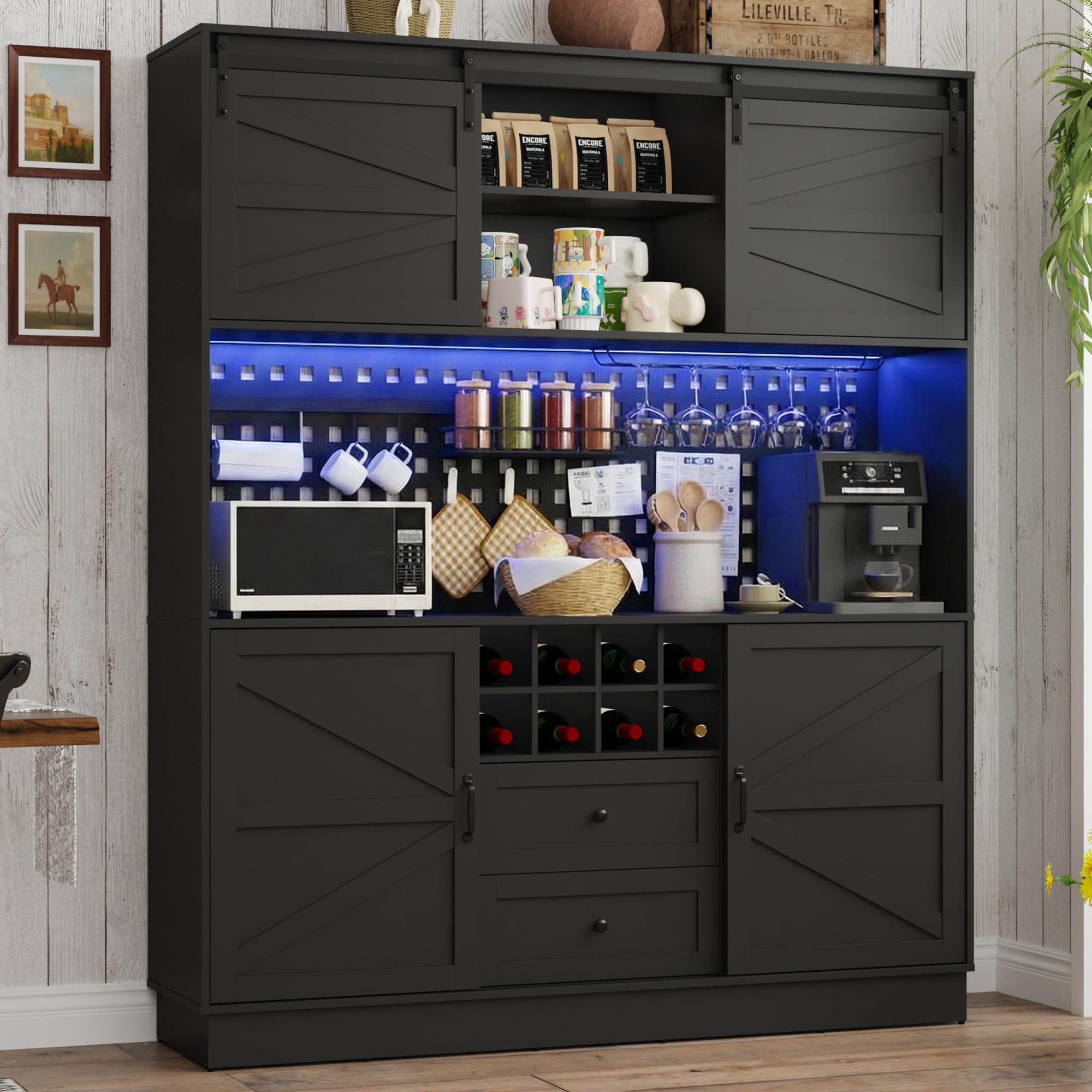 75"H 63"W Farmhouse Pantry Cabinet with Hutch & Power Outlet Pegboard