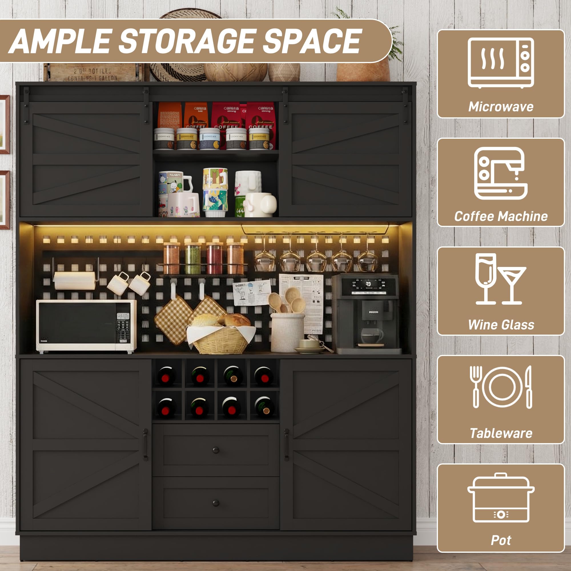 75"H 63"W Farmhouse Pantry Cabinet with Hutch & Power Outlet Pegboard
