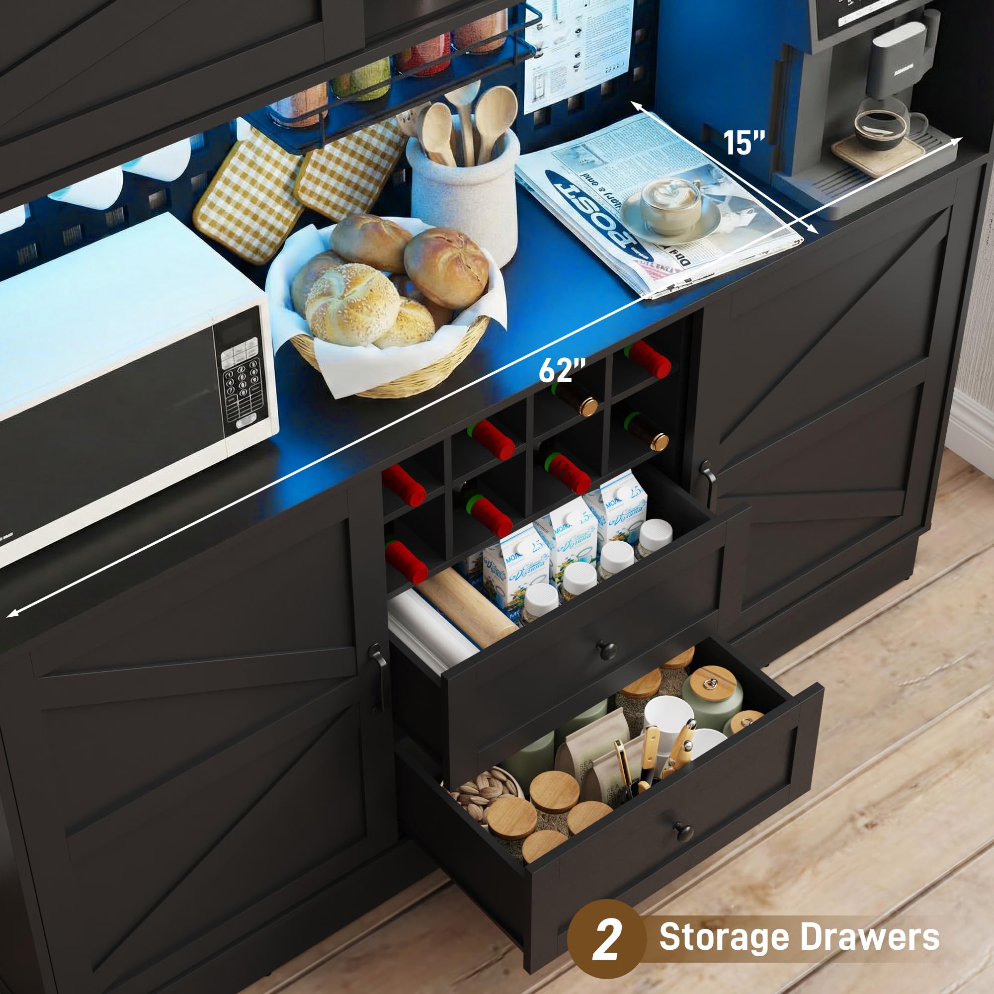 75"H 63"W Farmhouse Pantry Cabinet with Hutch & Power Outlet Pegboard