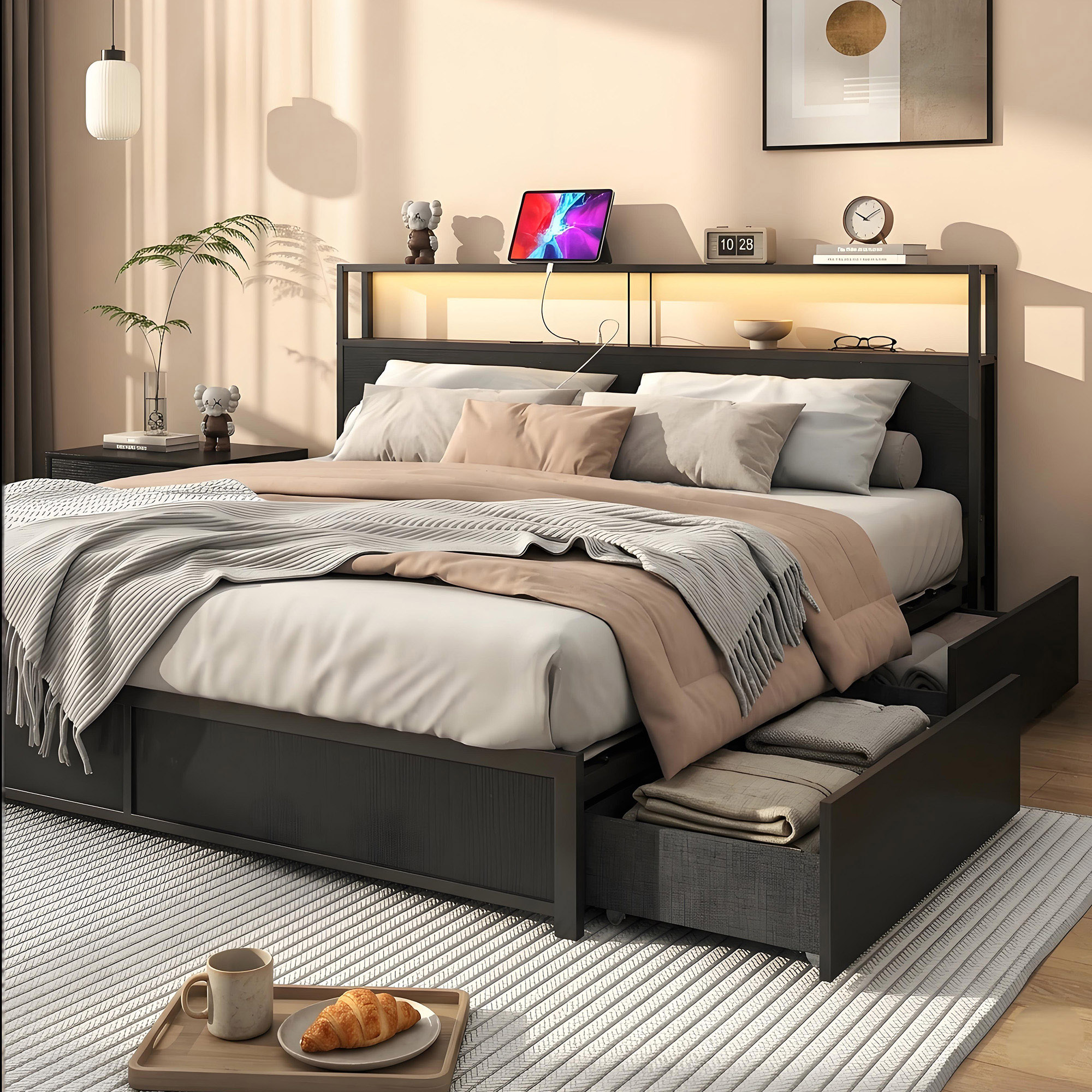 LED Bed Frame with Storage - 2 Tier Headboard and 4 Drawers